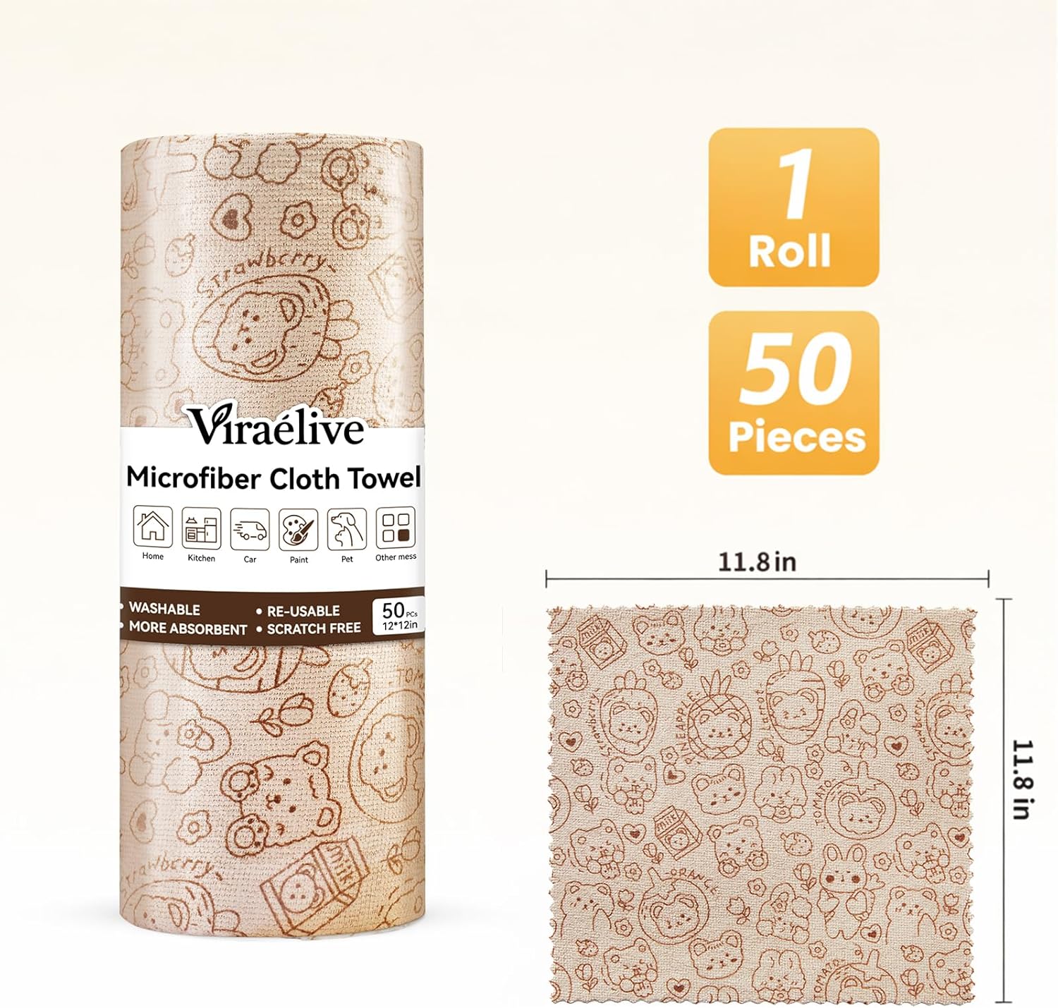 Microfiber Cleaning Cloth Roll, 50-Count, Reusable Durable Washable Absorbent Towels, Lint-Free Non-Scratch Dish Rags for Kitchen & Housekeeping, Car & Screen, Brown Cute Bear Print, 12x12 in