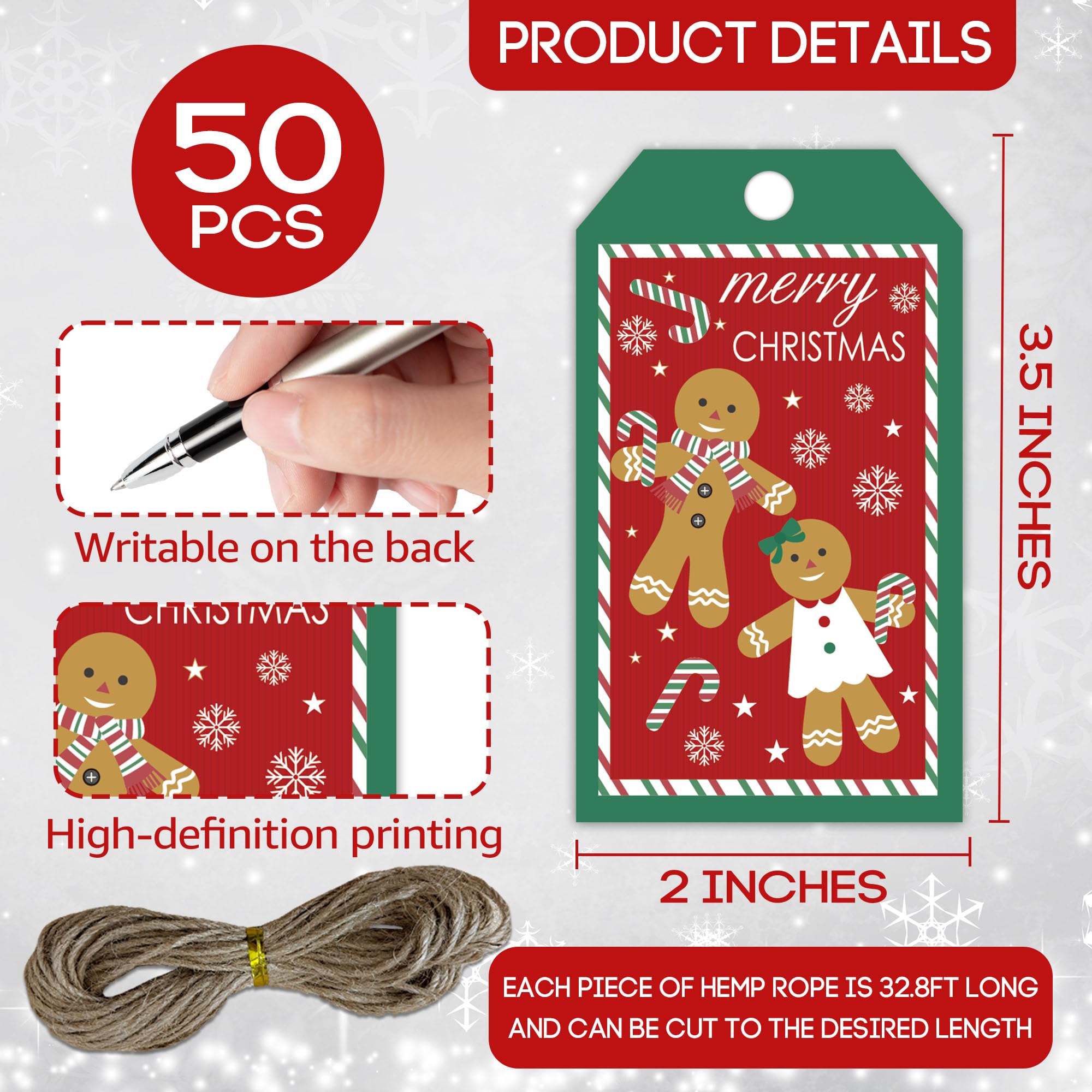 Frohe Weihnachts-Geschenk-Etiketten mit Schnur, 5,1 x 8,9 cm, Weihnachts-Schneeflocken-Papieranhänger, Lebkuchenmann-Geschenkanhänger, Urlaubsverpackung, Partyzubehör, Zuckerstangen-Druck, C01