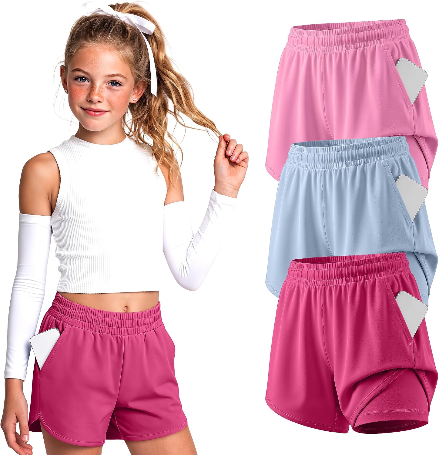 Yooo's Vivi 3 Pack Girls 2 in 1 Quick Dry Shorts | Elastic Waist Athletic Shorts, Back to School Sports Wear, Baggy Soccer Running Pockets Culottes, Kids Basic Summer Clothes