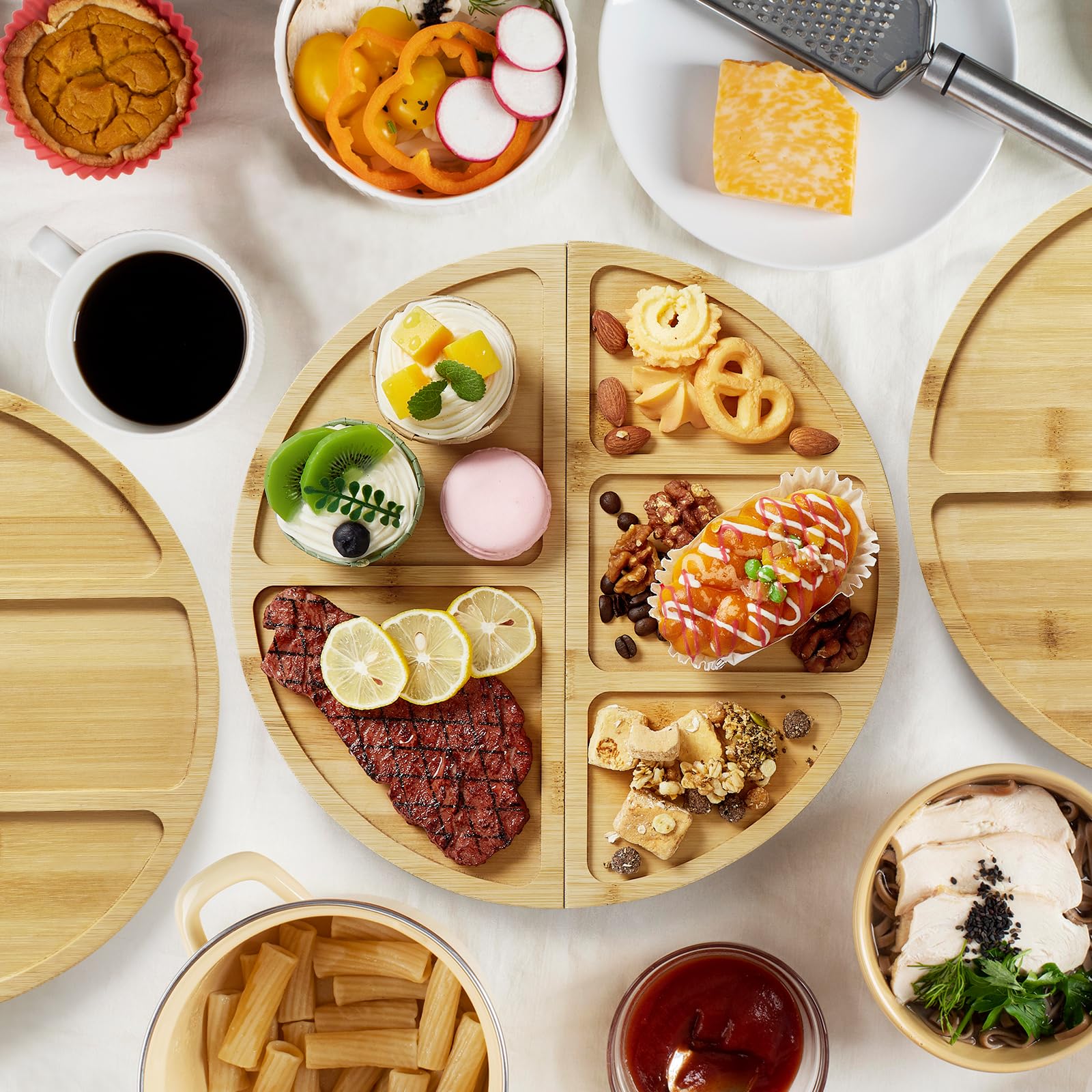 Garvee Lot de 3 planches à découper magnétiques en bambou – Planche apéritif/assortiment & fromage, ample surface – Rainure à jus profonde – Compartiments intégrés – Plateau de service