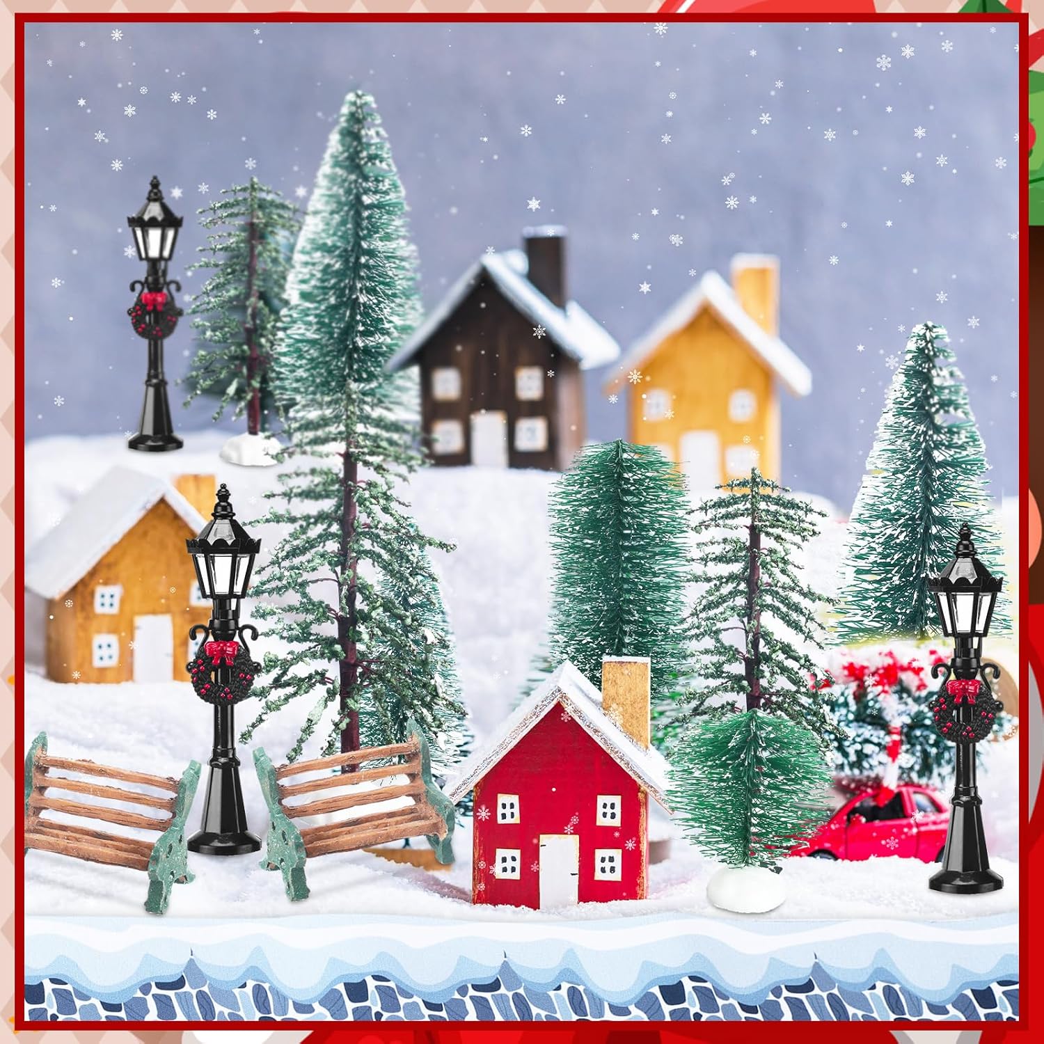 22 Pcs Christmas Village Sets Accessories Miniature Pine Trees Christmas Village Frosted Christmas Tree Figurine Streetlight Lamps Village Street Mat Park Bench Seat for Xmas Winter Decor - Image 6
