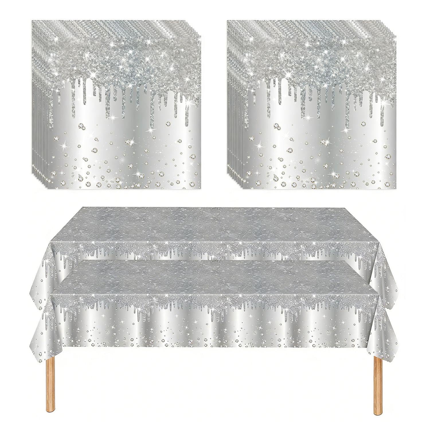 2 Tovaglie da Festa in Argento Brillante E 20 Asciugamani di Carta, Copertura Grande 137 * 274 Cm, Impermeabile, Universale per Matrimoni E Cene di Compleanno.