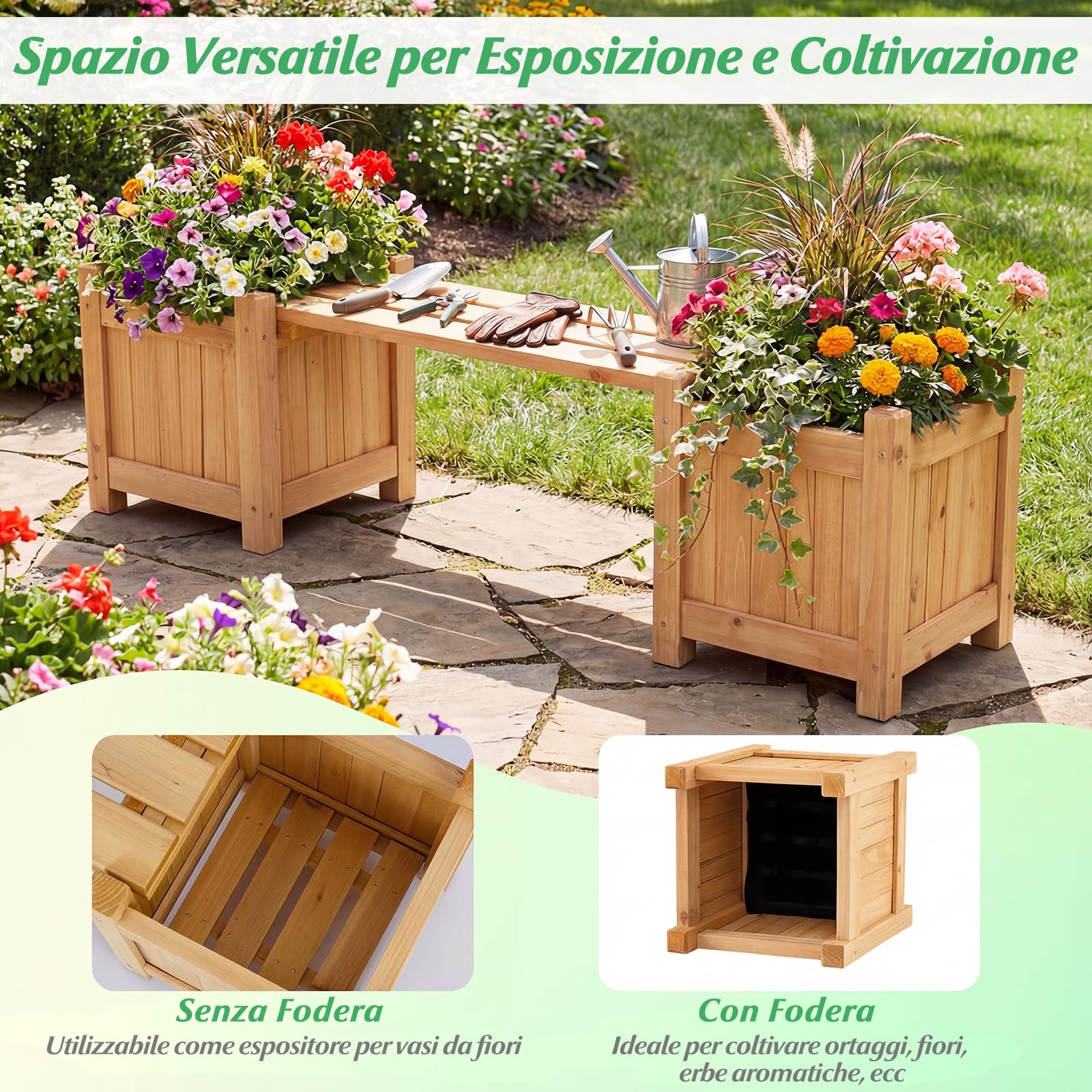 COSTWAY Fioriere da Esterno con Panchina, Letto Rialzato da Giardino in Legno Massello con e Base Aperta, Fioriere Elevate per Patio, Cortile e Veranda (Naturale, 105 x 26,5 x 29,5 cm)