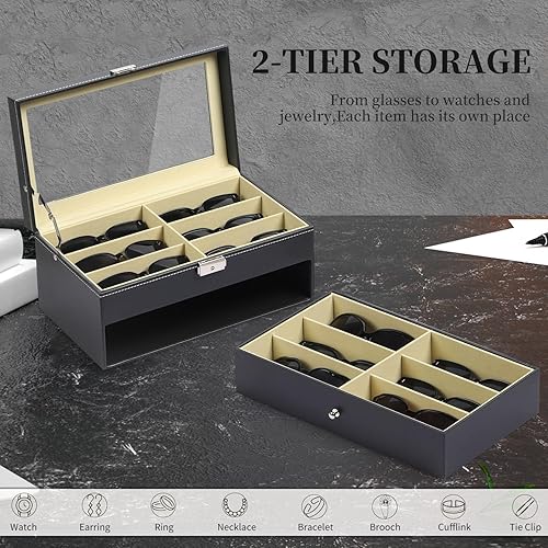 Miniatura 6 de AUTOARK Organizador de cuero de 12 piezas para lentes y gafas de sol cajón con cerradura para cajones color negro AW-023