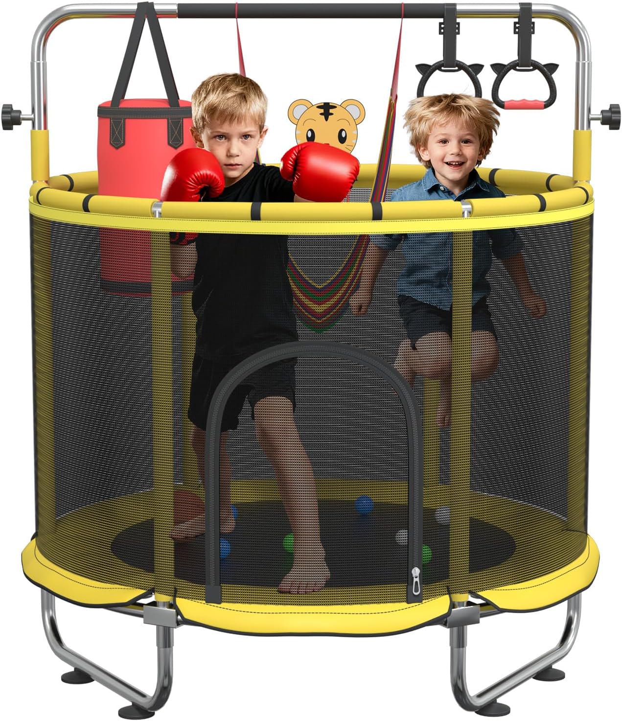 60" Toddler Trampoline, Trampoline for Kids Indoor Outdoor, 500lbs Capacity Mini Trampoline with Enclosure Net, Adjustable Gymnastics Bar&Toys, Trampolines for Toddler