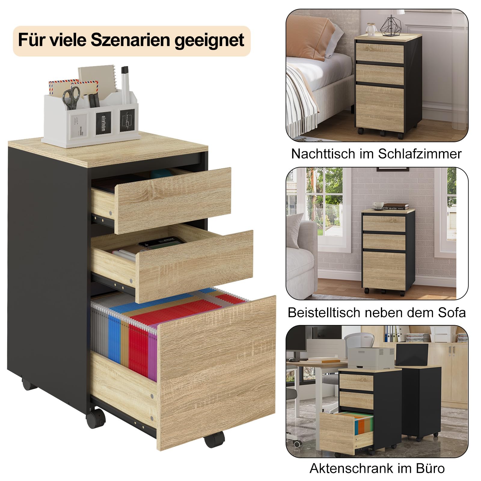 WOLTU mobiler Aktenschrank, Schrank für Aktenordner, Aufbewahrungsschrank im Büro, Büroschrank mit Rollen, Rollcontainer mit 3 Schubladen, helle Eiche schwarz, 40x71.5x40cm, ASK01hei