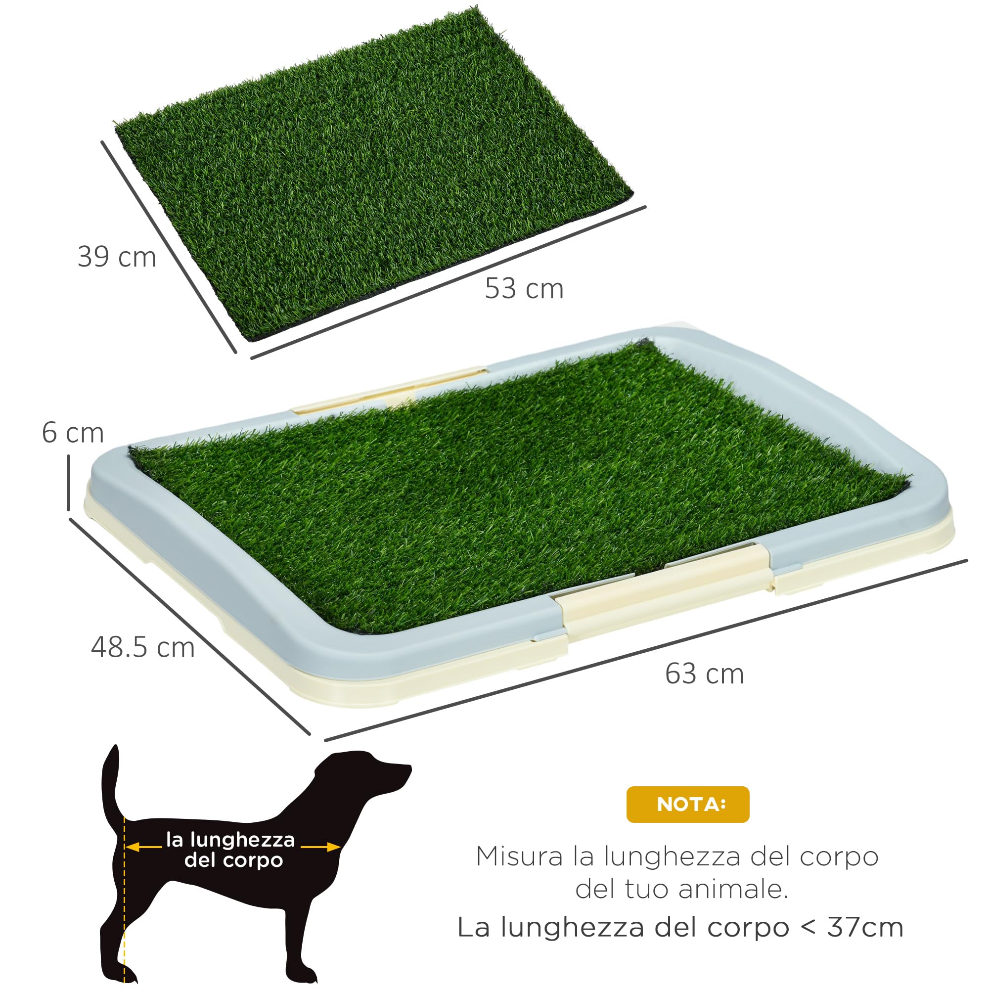 PawHut Lettiera per Cani a 3 Strati, Toilette per Cani e Cuccioli con Prato Sintetico, Griglia e Vassoio Inferiore, 63x48.5x6 cm