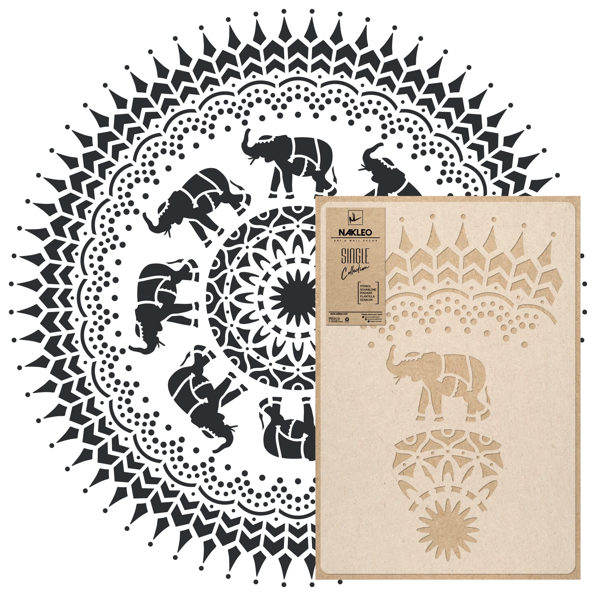 NAKLEO Mandala Szablon Malarski do Malowania Ścian Duży, 130 cm Słoń Mandala Koło Ornament Geometryczny, Wielorazowy Wielokrotny Plastik, Wzór DIY Dom Dekoracje, Papier Ściany Tkaniny Drewno Meble
