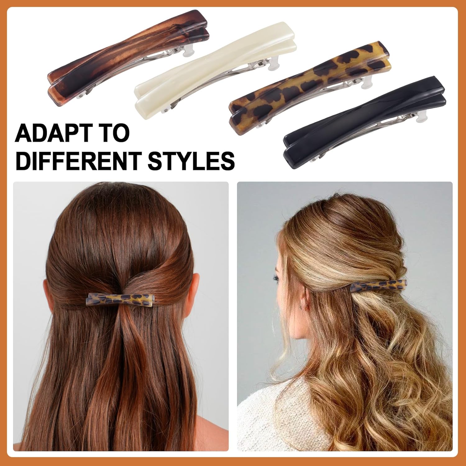 4PCS French Barrette Hair Clips for Women, 2.56 In Small Tortoise Shell Hair Clips Barrettes, Non-Slip Flat Hair Accessories for Thin, Curly Hair - Black, White, Leopard Color, Amber - Image 3