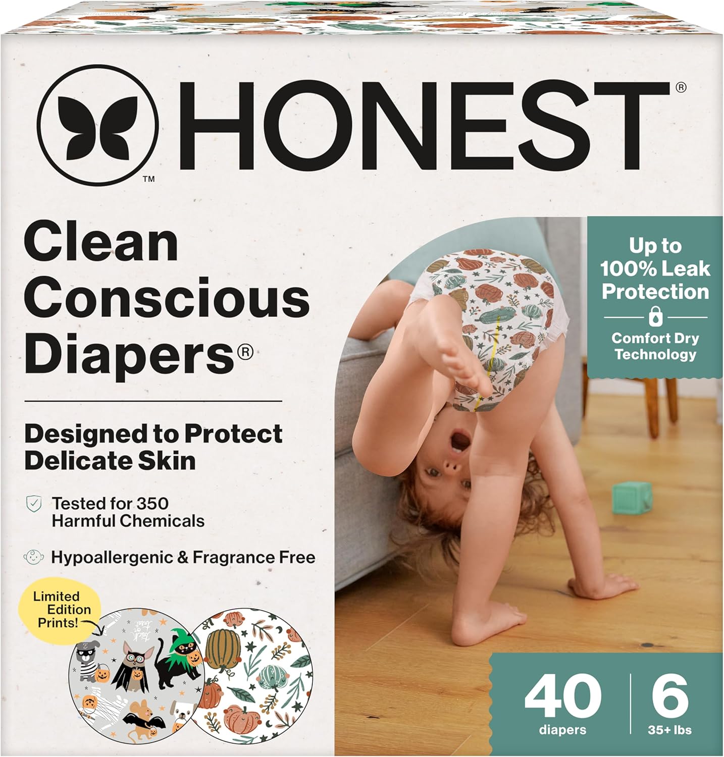 The Honest Company Clean Conscious Diapers for Delicate Skin | Up to 100% Leakproof | Hypoallergenic, Fragrance Free | Fall '25 Limited Edition Prints | Club Box, Size 6 (35+ lbs), 40 Count Size 6 (40 Count) Bum-kin Patch + Costume Paw-ty (Fall '25)