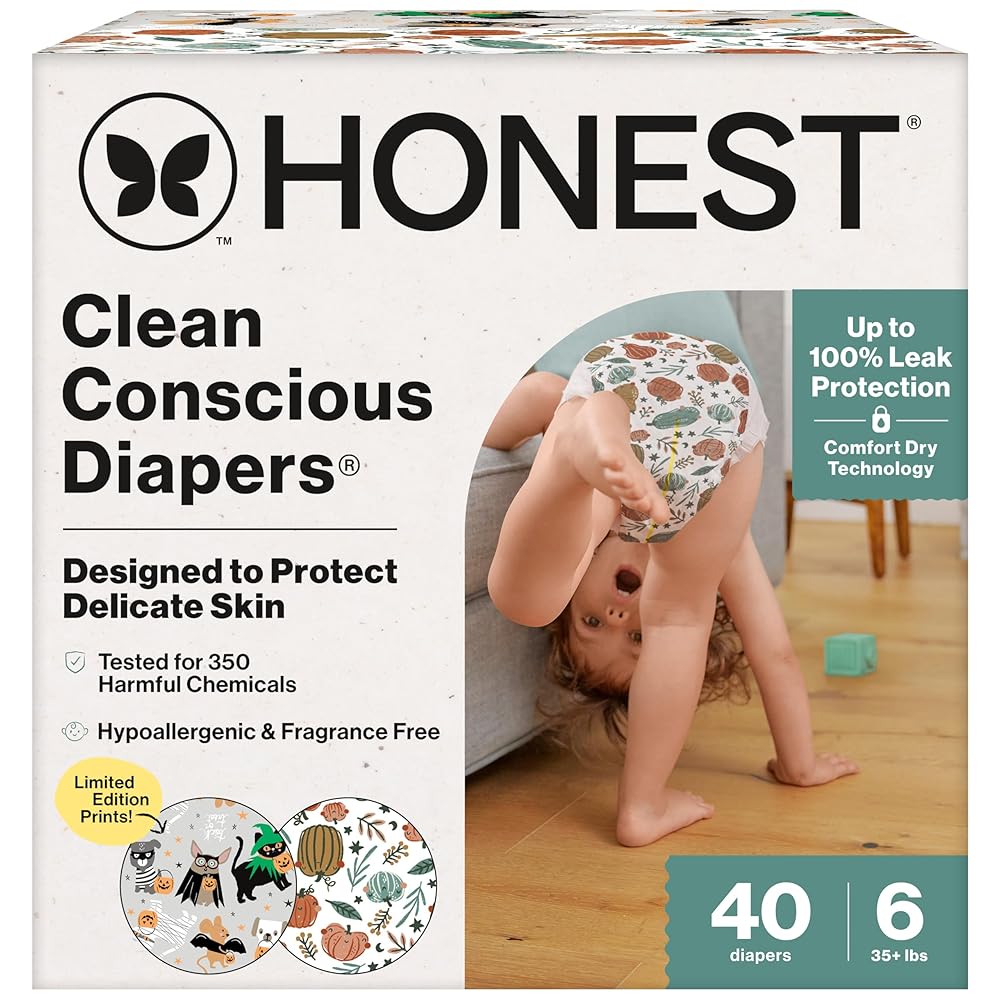 The Honest Company Clean Conscious Diapers for Delicate Skin | Up to 100% Leakproof | Hypoallergenic, Fragrance Free | Fall \'25 Limited Edition Prints | Club Box, Size 6 (35+ lbs), 40 Count