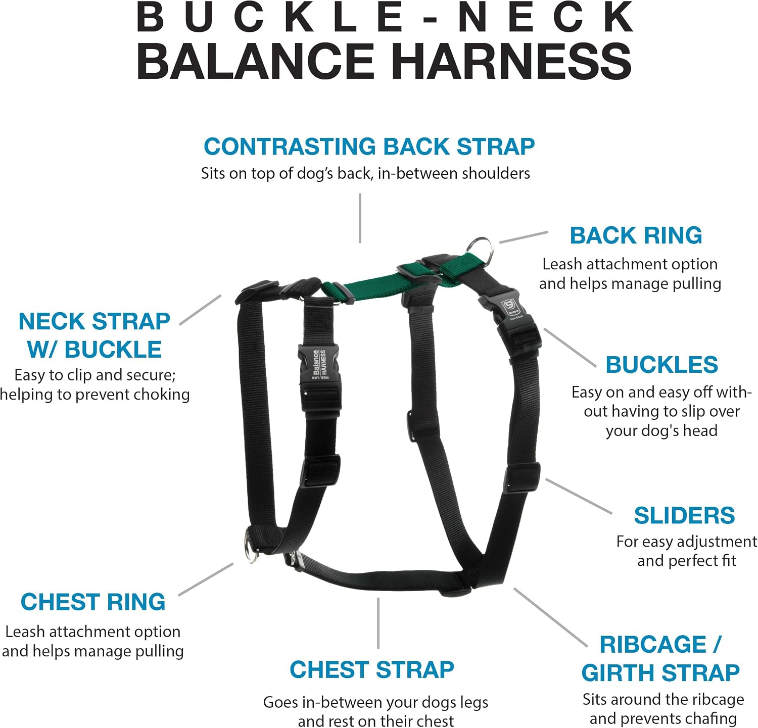 Blue-9 Buckle-Neck Balance Harness, Fully Customizable Fit No-Pull Harness, Ideal for Dog Training and Obedience, Made in The USA, Hunter Green, M/L image 2