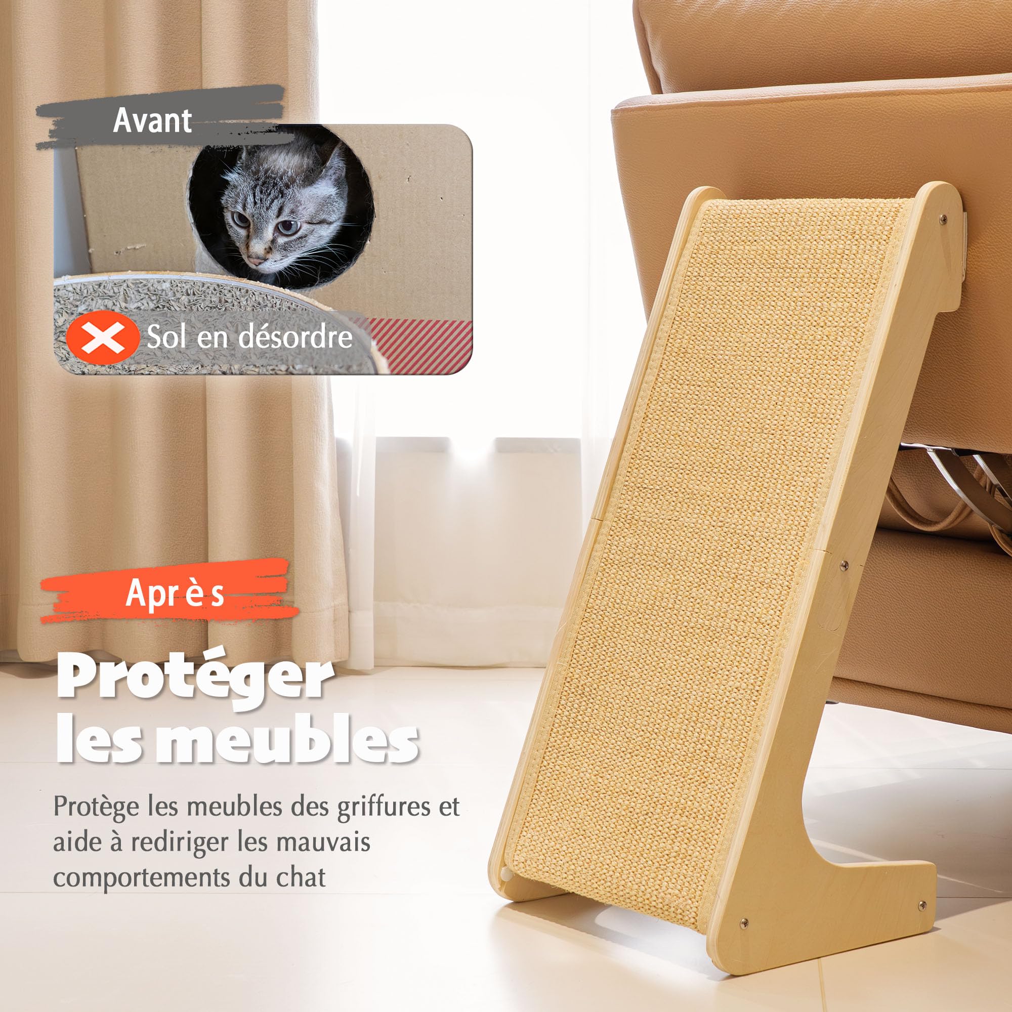 PETKARAY Griffoir pour Chat en Forme de L, 64 cm, Poteau à Griffer en Sisal Naturel, Montage Mural ou au Sol, Protection de Meubles avec Herbe à Chat, Design Classique