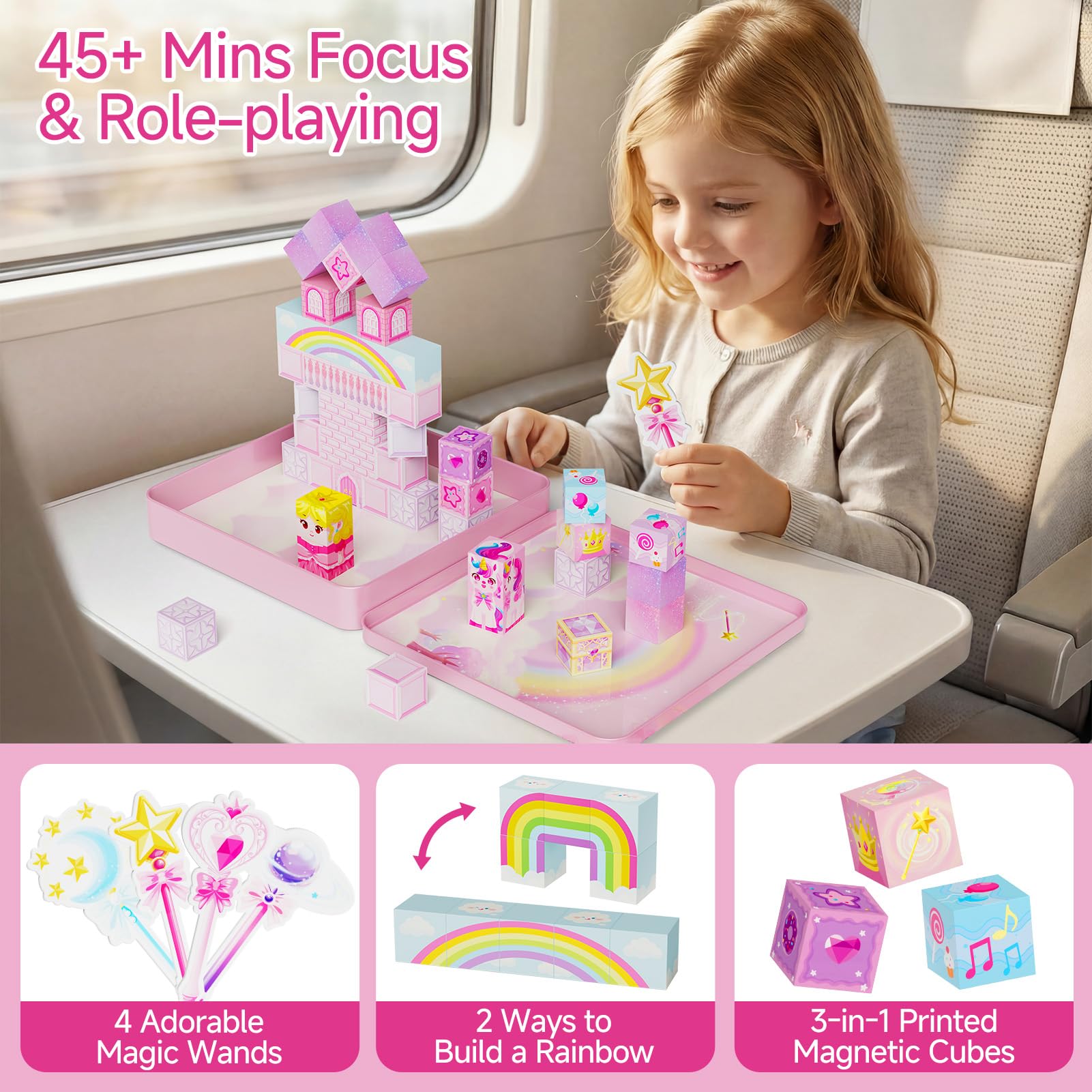 burgkidz 48-teiliges Einhorn-Magnetbausteine-Set – 2 cm Magnetwürfel mit Zauberstäben & Reiseblechdose – 30s Aufräumen für Zug, Flugzeug & Camping – Prinzessinnen-Geschenk für Mädchen ab 3 Jahren