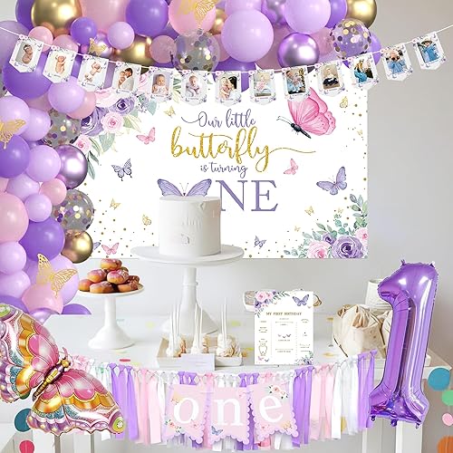 Miniatura 5 de Xigejob Decoraciones de mariposa para primer cumpleaños para niña, suministros de fiesta de primer cumpleaños de mariposa, arco de globos, telón de