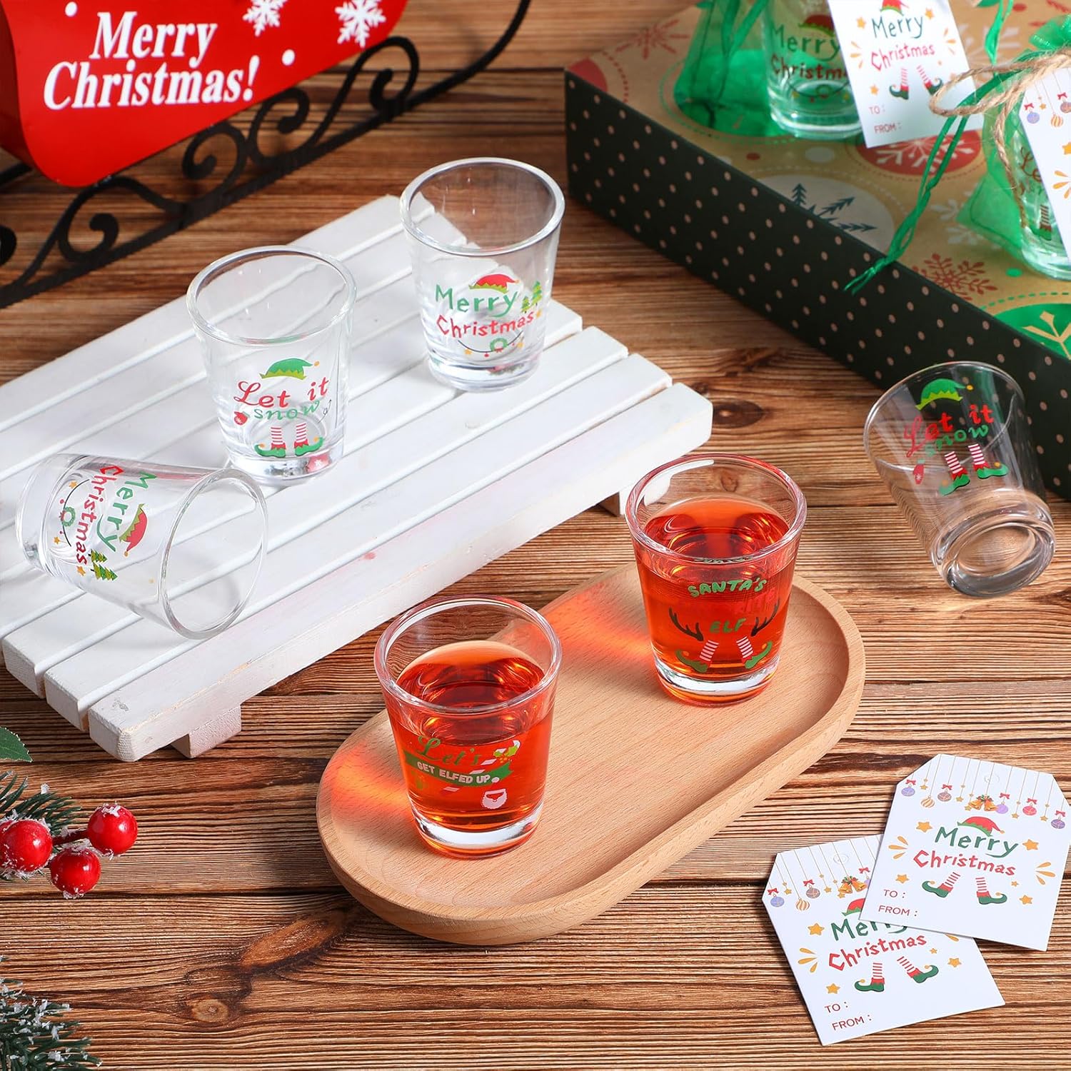 Qinyoung 24 Sets 4th of July Shot Glasses Bulk 2 oz Patriotic Mini Clear Shot Cups Glasses with Cards Gifts Bags for Memorial Independence Veterans Day Party Favors Supplies (Christmas)