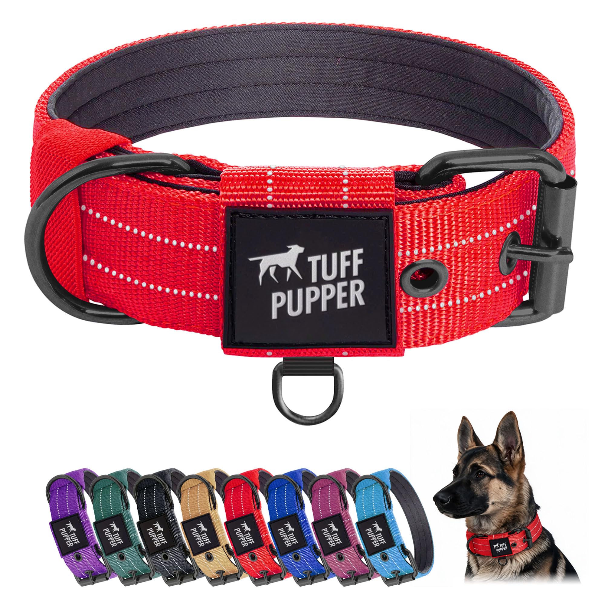 Tuff Pupper Heavy Duty Tactical Dog Collar | 1.5" Wide Ballistic Nylon | Reflective Stitching | Integrated ID Tag Holder | Stainless Steel Buckle | Padded Lining | Medium &amp; Large Dogs (Red, Large)