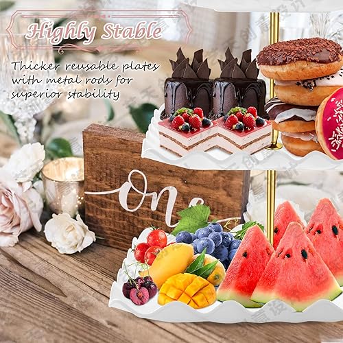 Miniatura 4 de PinCute Juego de 5 piezas de exhibición de mesa de postre, 2 soportes para cupcakes, torre de nivel de pastel y 3 bandejas para servir para fiestas