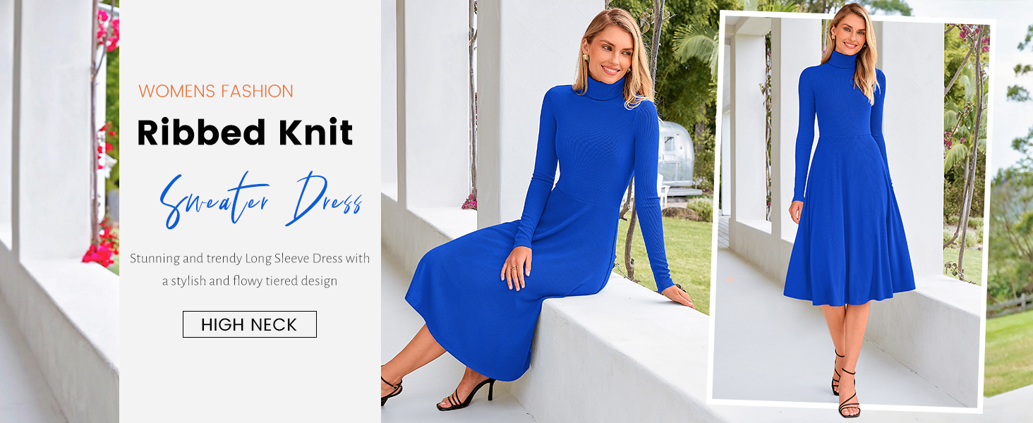 CFLONGE Women's Casual Ribbed Knit High Neck Dress Long