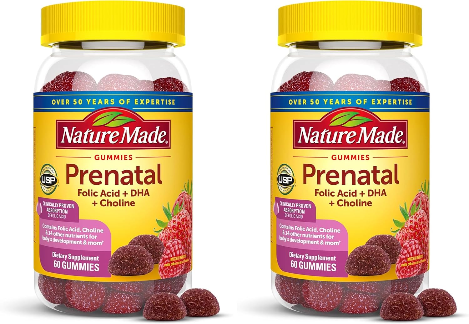 Nature Made Prenatal Gummies with DHA and Folic Acid, Prenatal Vitamins for Women for Daily Nutritional Support, 60 Gummies, 30 Day Supply,(Pack of 2)