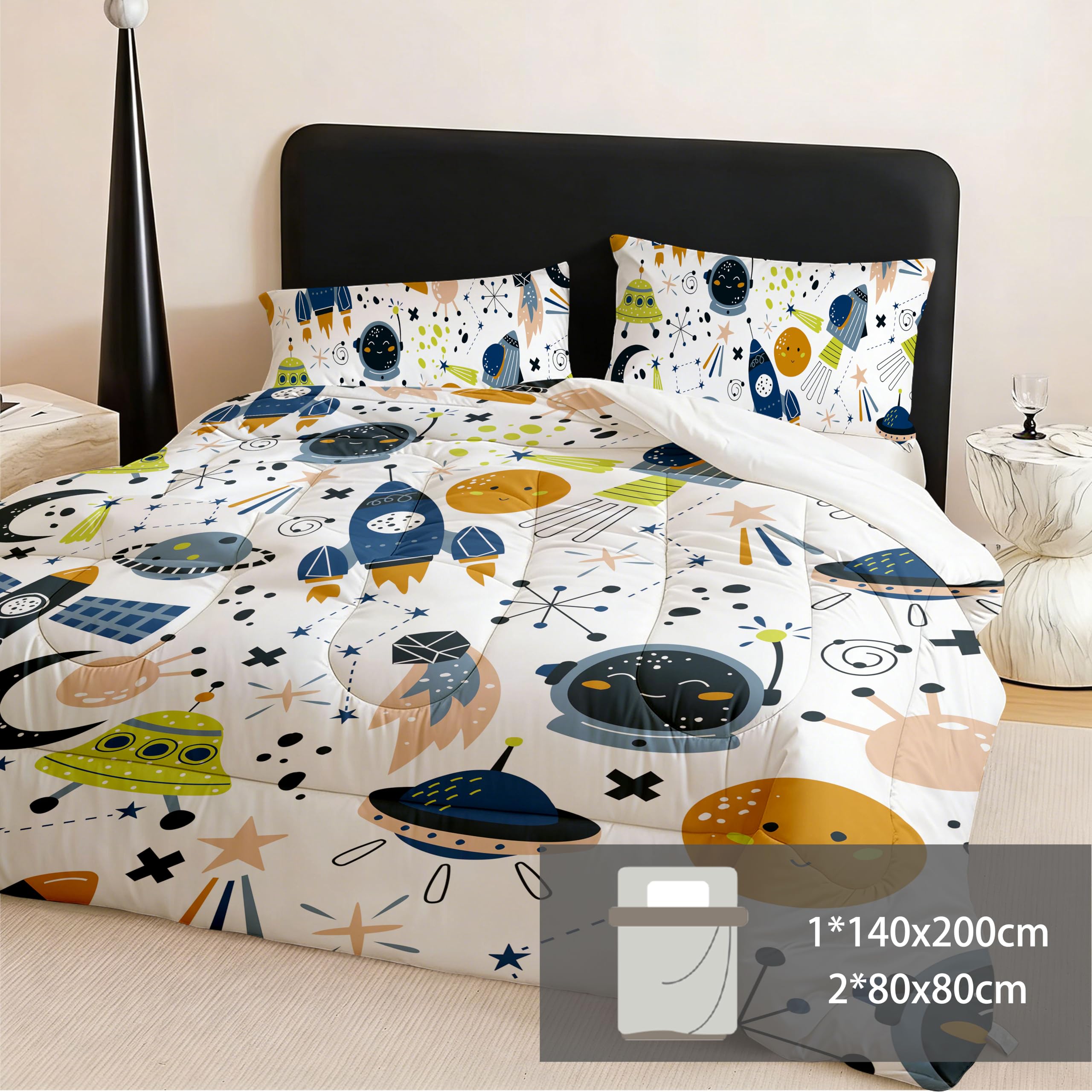 Weltraum Vierjahreszeiten Steppdecke 140x200,Bettdecke 4 Warme Jahreszeiten, Universum Planet Rakete Bettdecke ohne Bezug Waschbar Schlafdecke mit 2 Kissenbezug 80x80cm (HJ-A, 140x200cm+80 * 80 * 2)