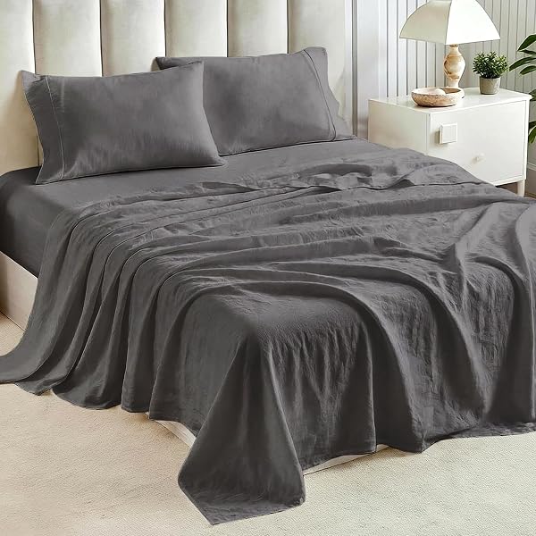 Tokokimo 4-Piece Bedding Set with Washed Cotton and Linen Effect, Adjustable Fitted Sheet 180 x 200 cm with 2 Side Pockets, Flat Sheet 260 x 240 cm, Pillowcases, Polyester, Grey - 1