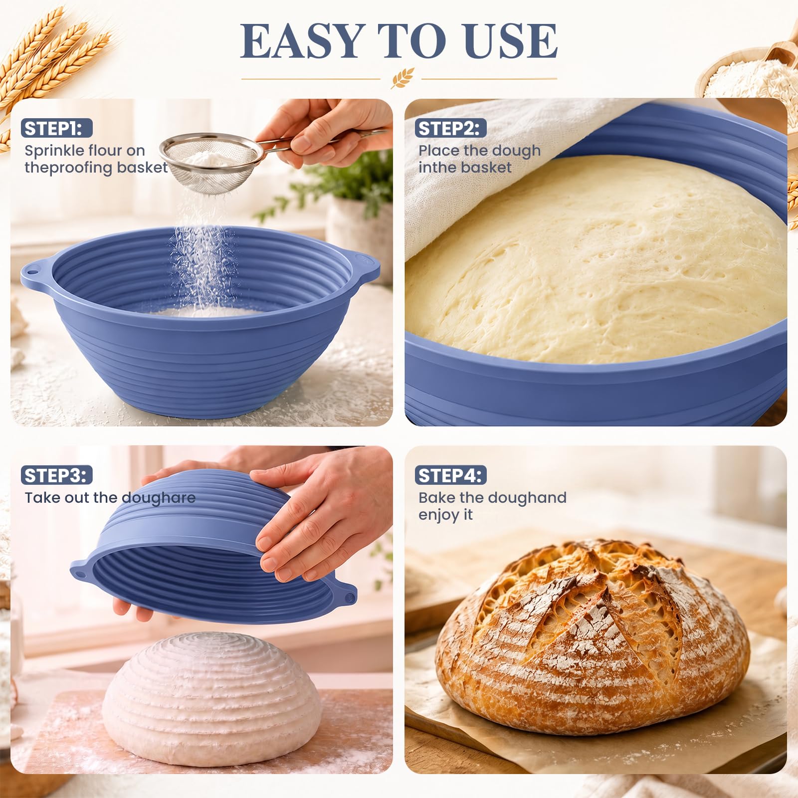 2 Paniers de Fermentation en Silicone pour Pain, Ovale de 29 cm et Rond de 26 cm, Bord Renforcé en Acier IntéGré, Pliables, Panier de Fermentation en Silicone pour PâTe, Pizza, PâTisseries (Bleu)