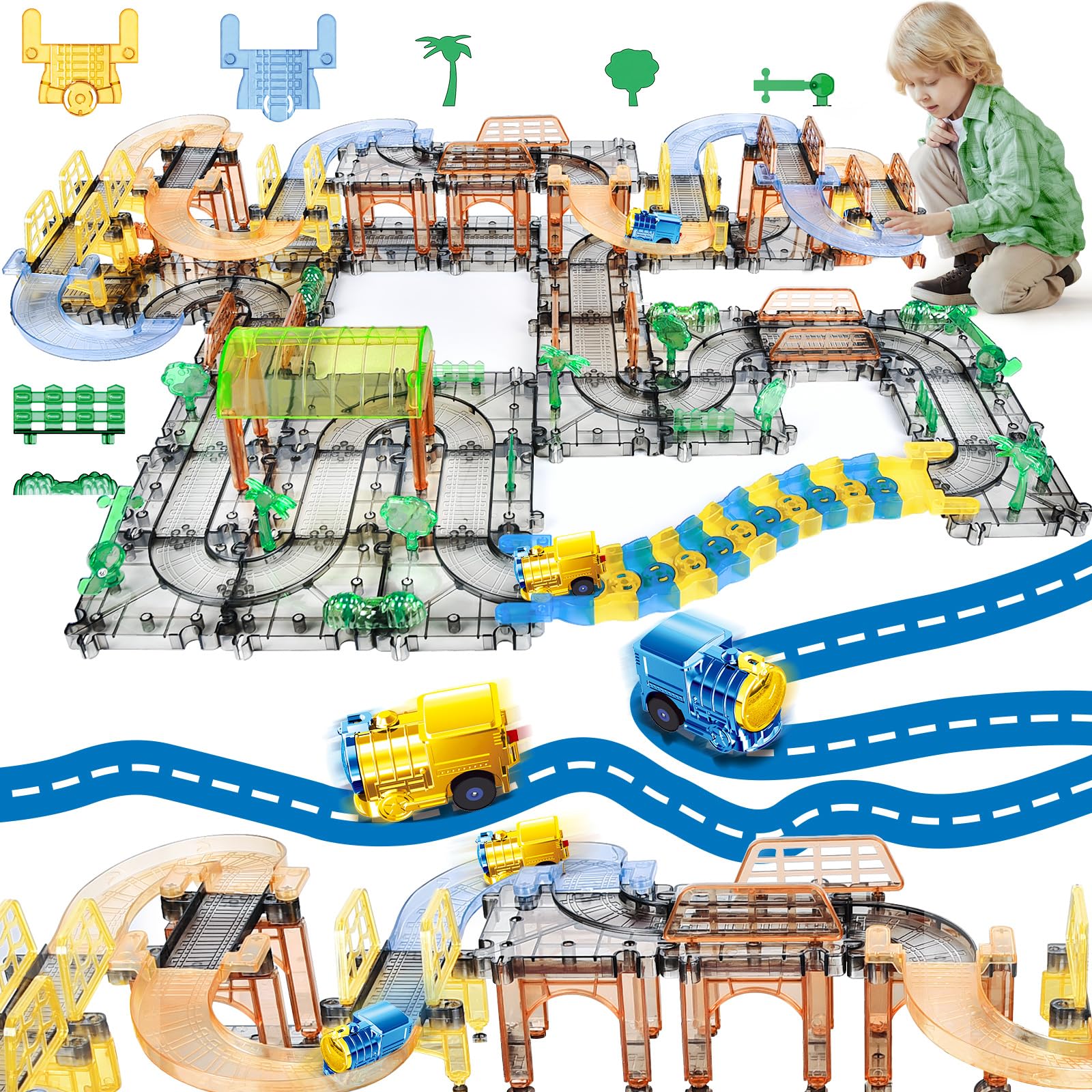 Set Trenino Elettrico Per Bambini JONRRYIN – 177 Pezzi, Con Pista, Ponte LED, Auto, Per 3+ Anni