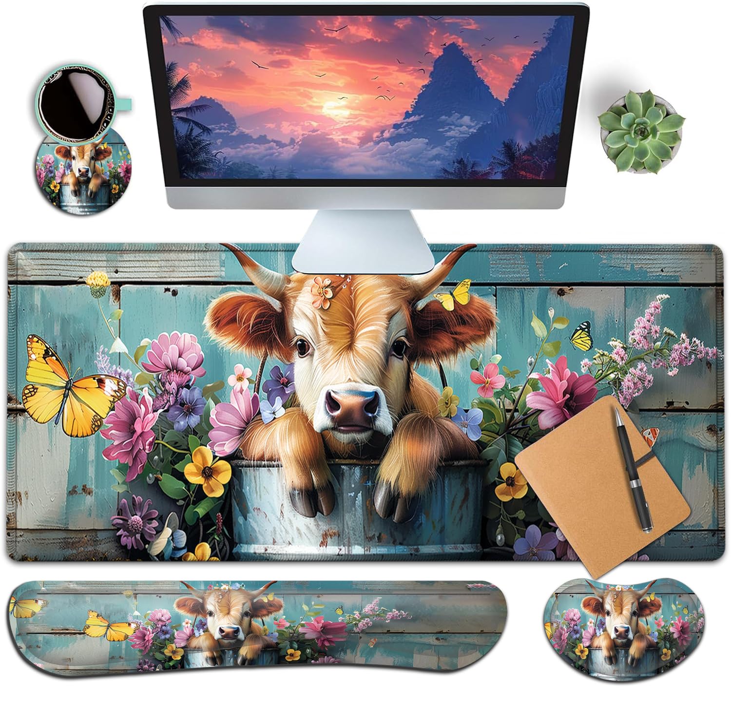 Large Gaming Mouse Pad+ Keyboard Wrist Rest Set, Ergonomics Memory Foam Mouse Mat Wrist Rest Support for Home Office, Waterproof Extended Mousepad