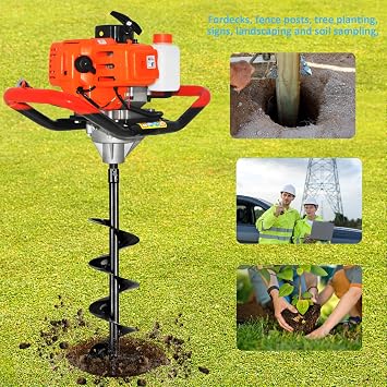 62cc 2.8HP Gas Powered Post Hole Digger, Gas Earth Auger/Ice Auger, with 3/6/8 Bits + Three 23-inch Extension Poles, 2-Stroke Gasoline Post Digger for Fence Garden Farm Plant.