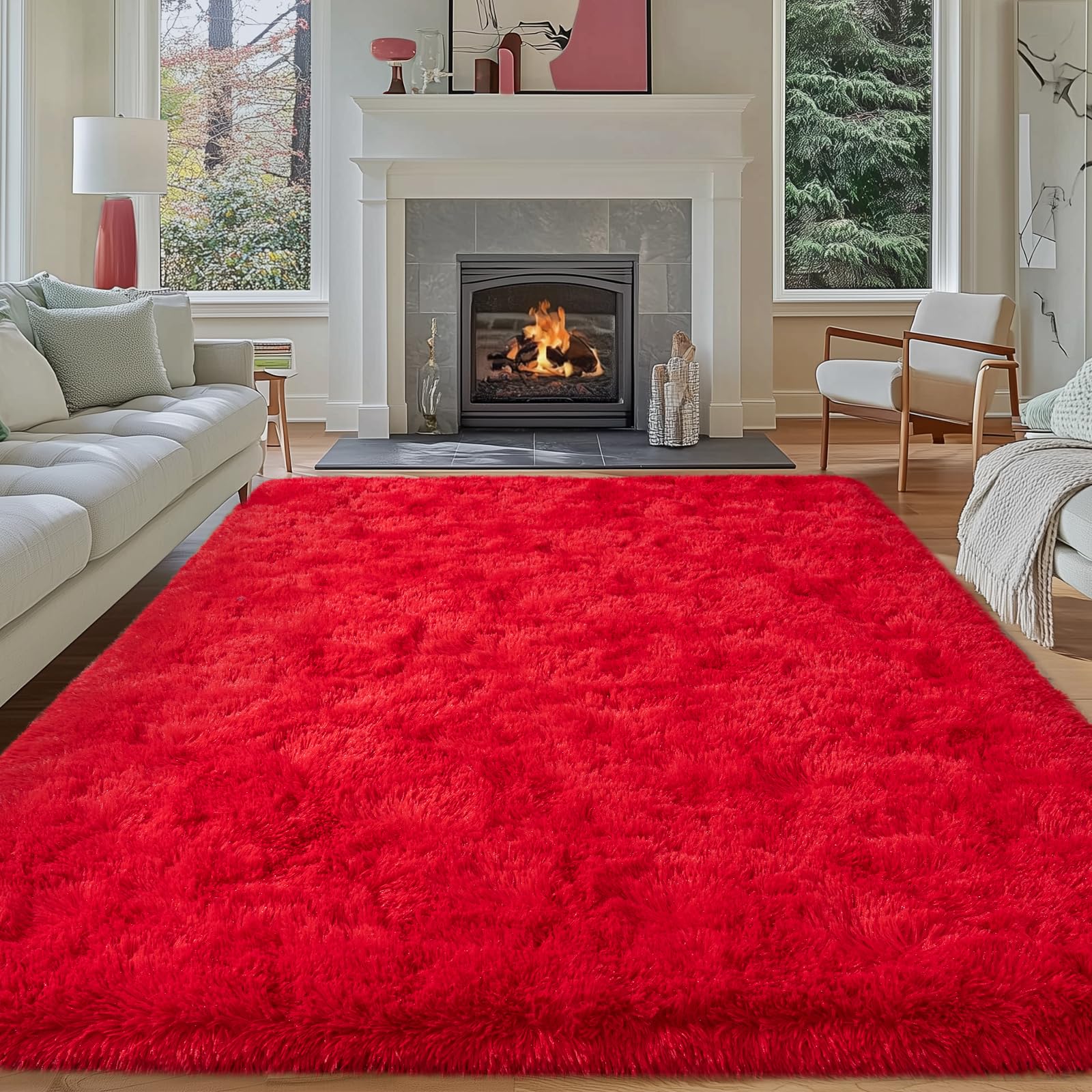 Dssimo Super Fluffy 8x10 Rugs for Living Room, Modern Shag Red Area Rugs, Soft and Cozy Plush Large Under Bed Carpet for Kids, Girls Boys and Teens