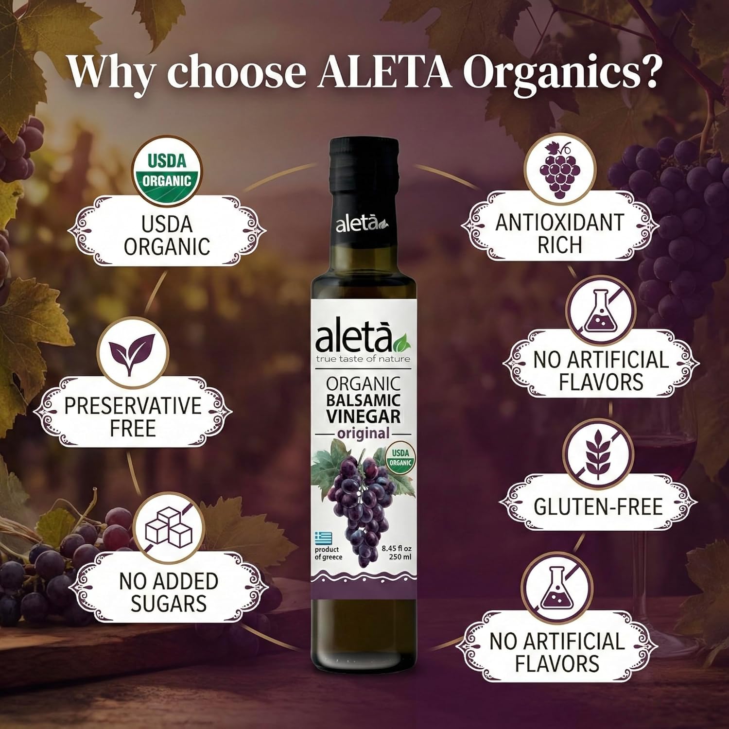 Aleta Farms Greek Balsamic Vinegar, USDA Organic, Perfect for Salad Dressings, Pasta, Desserts, Glass Bottle, 8.45 fl oz (Original)