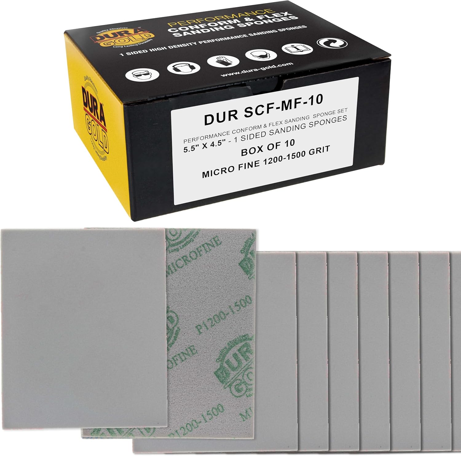 Dura-Gold Microfine Cut Sanding Sponges, Box of 10-5.5" x 4.5" (1200 to 1500 Grit) Performance Conform & Flex Wet or Dry Flexible Softback Sandpaper Sponges, Hand Block Wood Drywall Metal Auto Paint