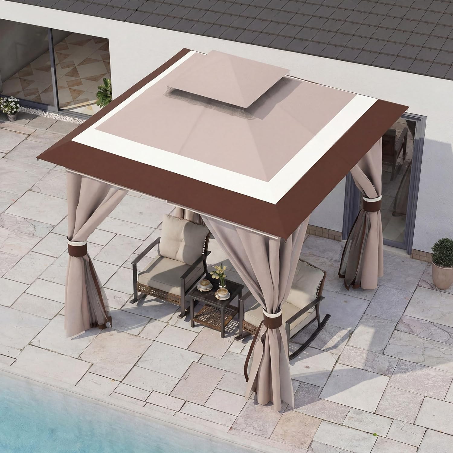 LAUSAINT HOME Patio Gazebo 8'x8', Outdoor Heavy Duty Party Tent Shelter with Double Roofs, Mosquito Nettings and Privacy Screens for Backyard, Garden, Lawn, Classic Khaki