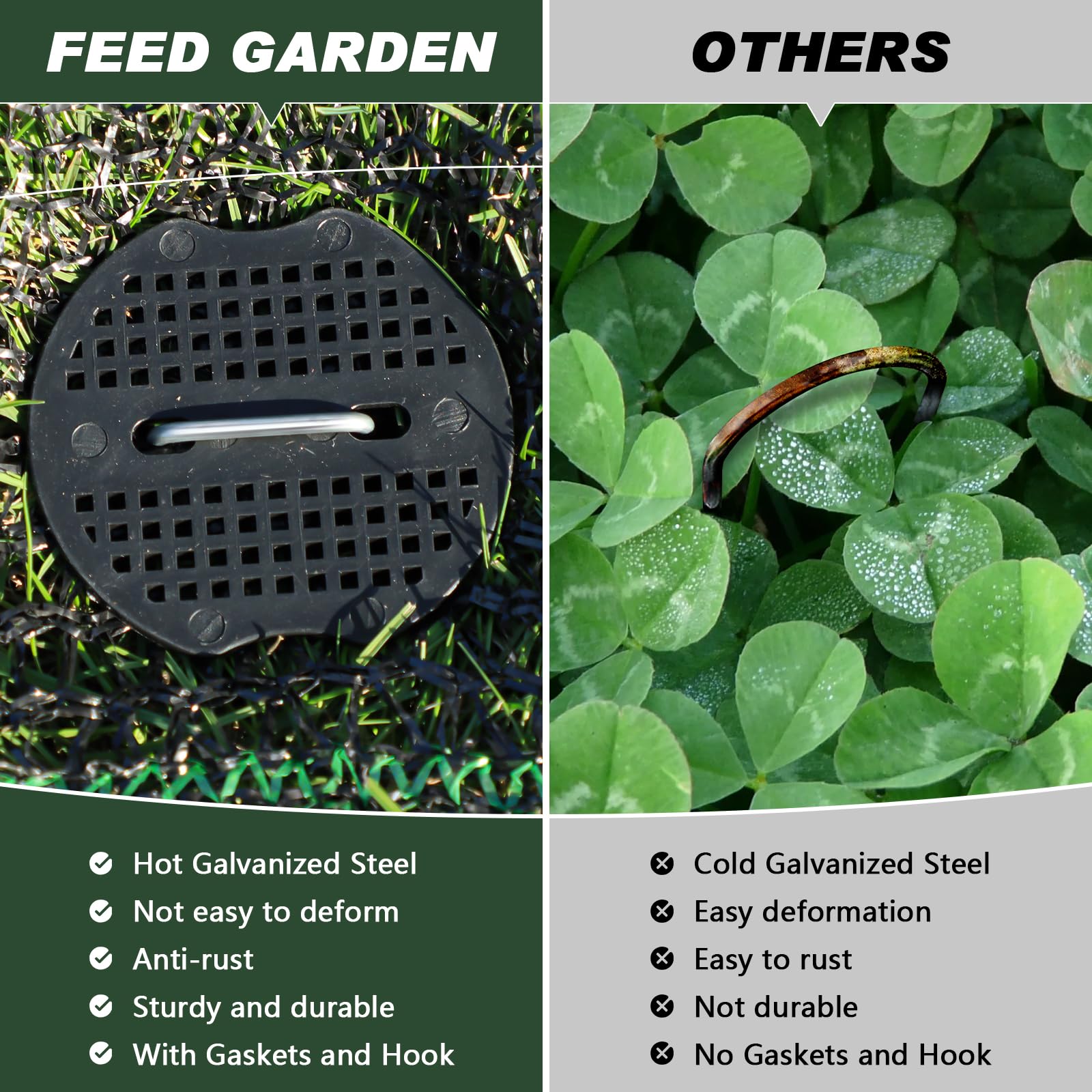 Feed Garden 50 Grapas galvanizadas de Paisaje de 6 Pulgadas, 50 Juntas, Gancho de púa, estacas de jardín, Calibre 11, Tela de paisajismo antioxidante, Pines SOD, estacas en Forma de U para decoración