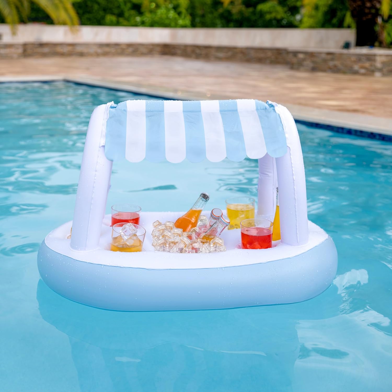 PoolCandy Inflatable Floating Buffet Bar with Canopy - Blue & White Cabana Stripes