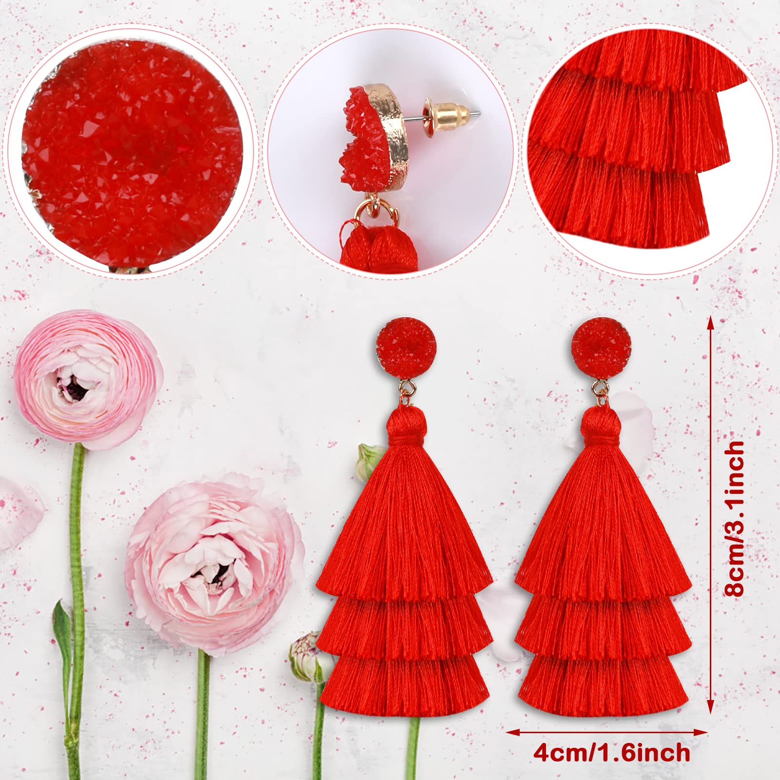 Pendientes Bohemios Borla Capas Colgantes Boho Hilo Rojo Mujer