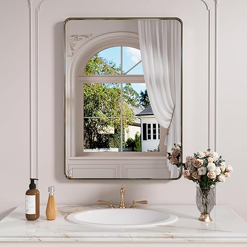 Miniatura 50 de Espejo de baño dorado, 48 x 30 pulgadas, espejo de marco de metal dorado cepillado para pared, espejo rectangular redondeado de tocador de baño