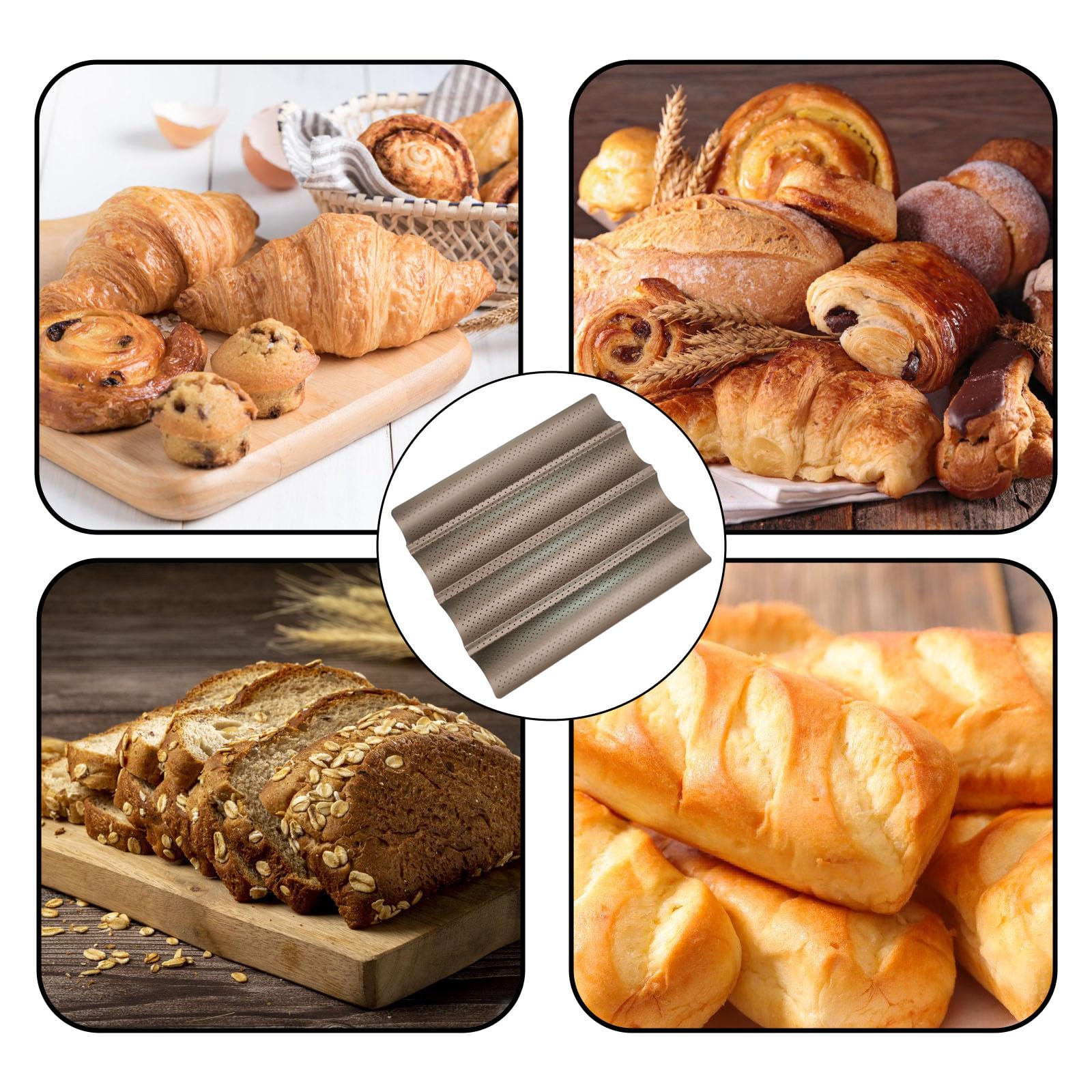 Teglia per Baguette Stampo per pane da forno per 4 baguette perforato French Stick Pan Baguette antiaderente French Bread Baking Pan Scanalature Onde Pan per pane Vassoio di cottura