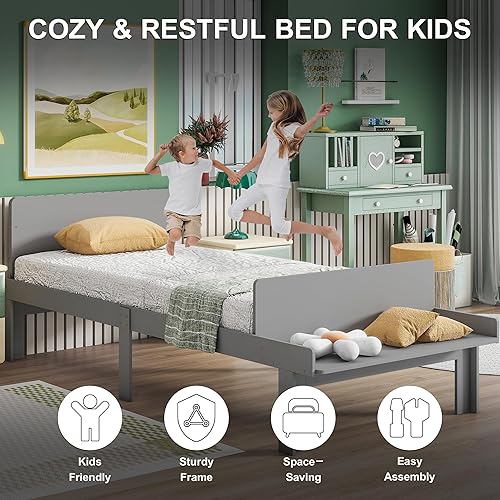 Miniatura 5 de Dolonm Marco de cama individual para niños con banco de estribo, gris, madera de pino, estilo moderno, no necesita somier