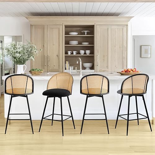 Miniatura 7 de Juego de 2 taburetes de bar giratorios de altura de mostrador, sillas de bar modernas de mediados de siglo de 26 pulgadas con respaldo de ratán y