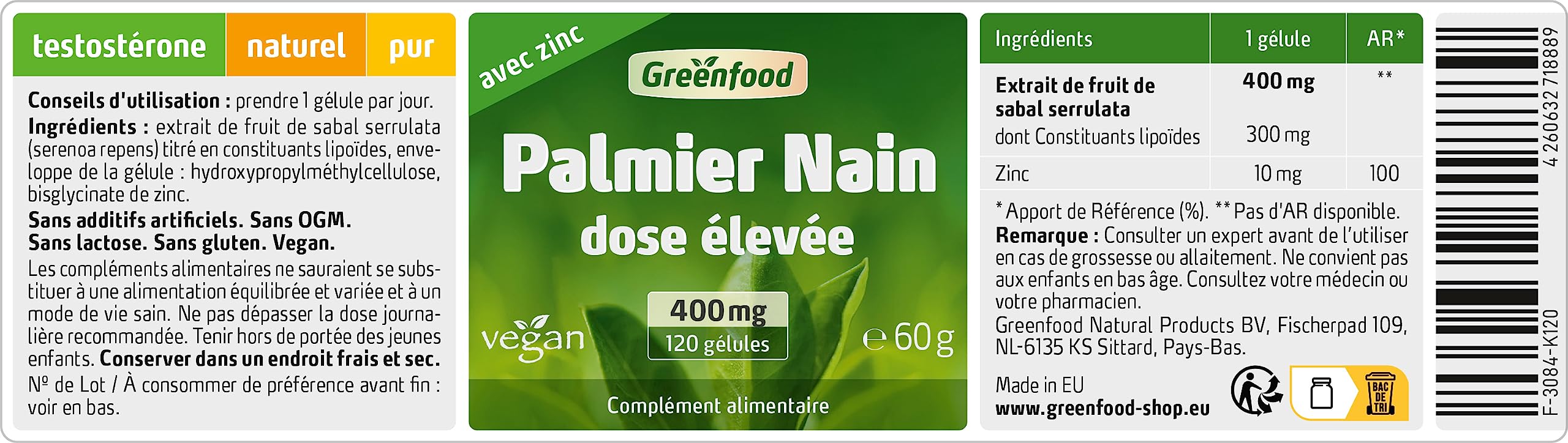 Greenfood Palmier Nain, 400 mg, extrait à dose élevée (75%), 120 gélules - sans additifs artificiels. Sans génie génétique. Vegan.