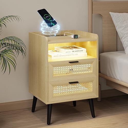 Vlskra Rattan Nightstand with Charging Station, Boho Night Stand with 2 Storage Drawers, Tall Boho Nightstand with Light, 3 Colors Dimmable Lighting, Human Sensor Light (Light Wood)