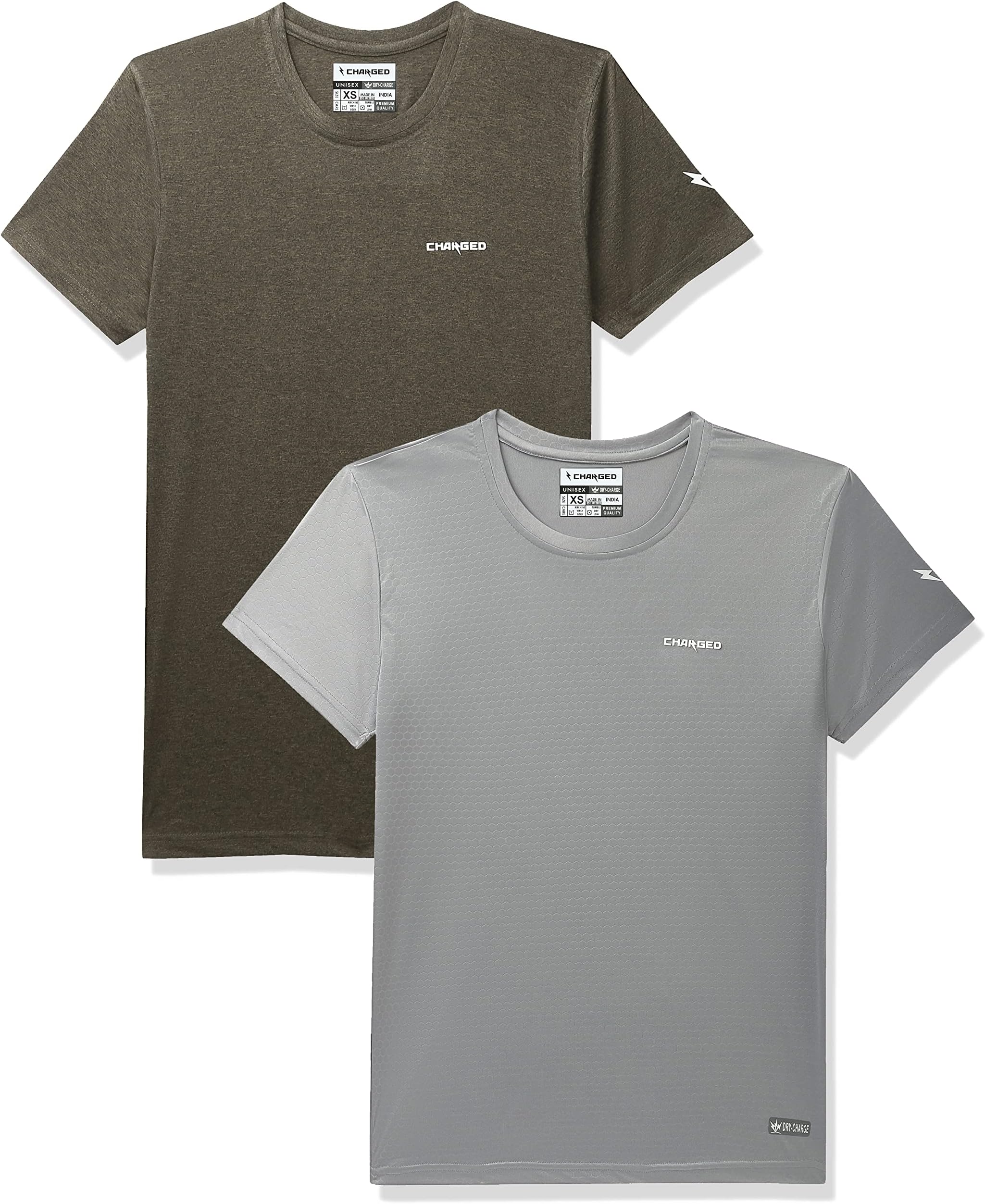 Charged Brisk-002 Melange Round Neck Sports T-Shirt Olive Size Xs and Charged Energy-004 Interlock Knit Hexagon Emboss Round Neck Sports T-Shirt Light-Grey Size Xs