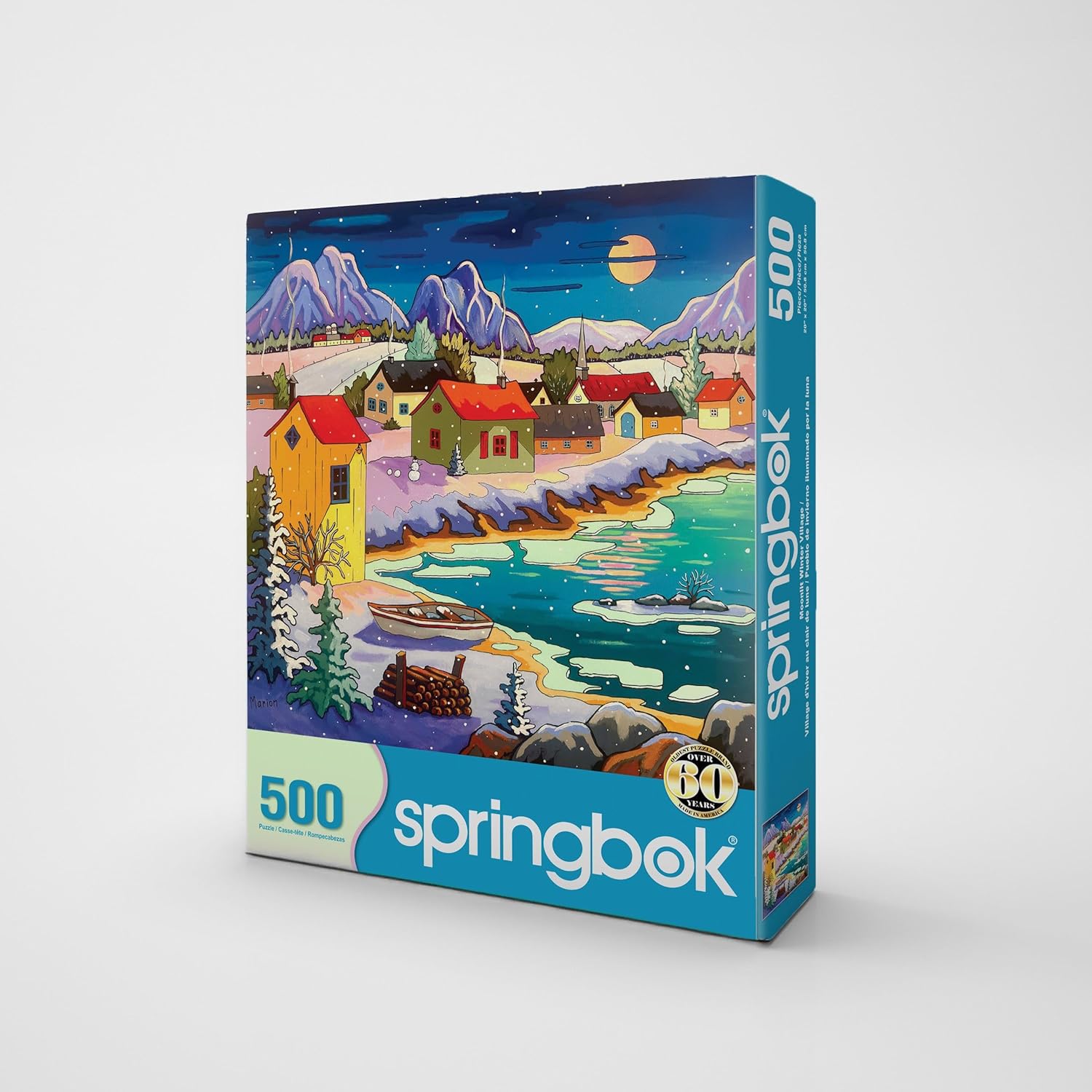 Springbok Moonlit Winter Village 500 Piece Puzzle for Adults - Peaceful Winter Puzzle Featuring a Cozy Snowy Village by a Moonlit Lake