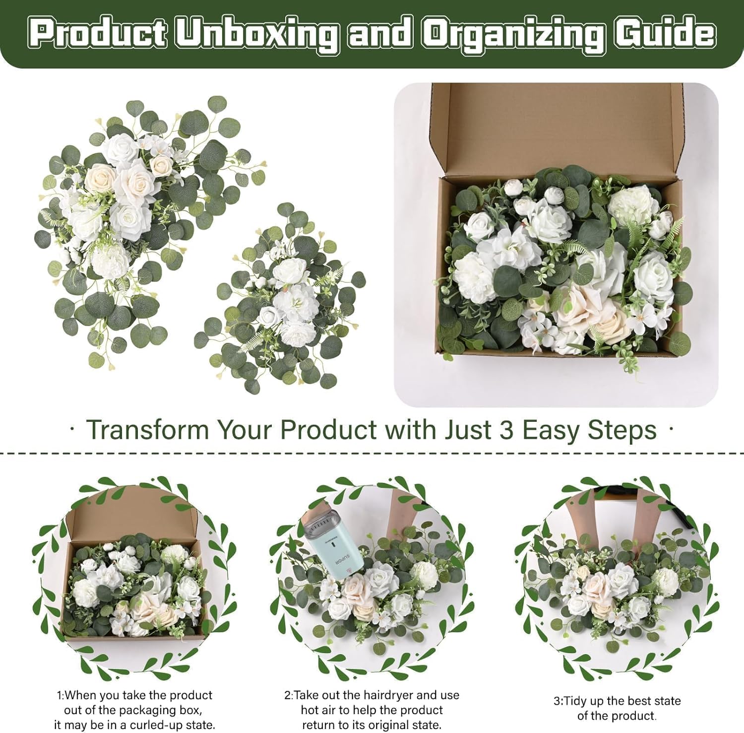 Sherika Wedding Arch Flowers Set of 2, Artificial Flowers for Arch Backdrop Wedding Welcome Ceremony Sign, Faux Floral Swag Roses Garland for Reception Centerpieces Table Decoration