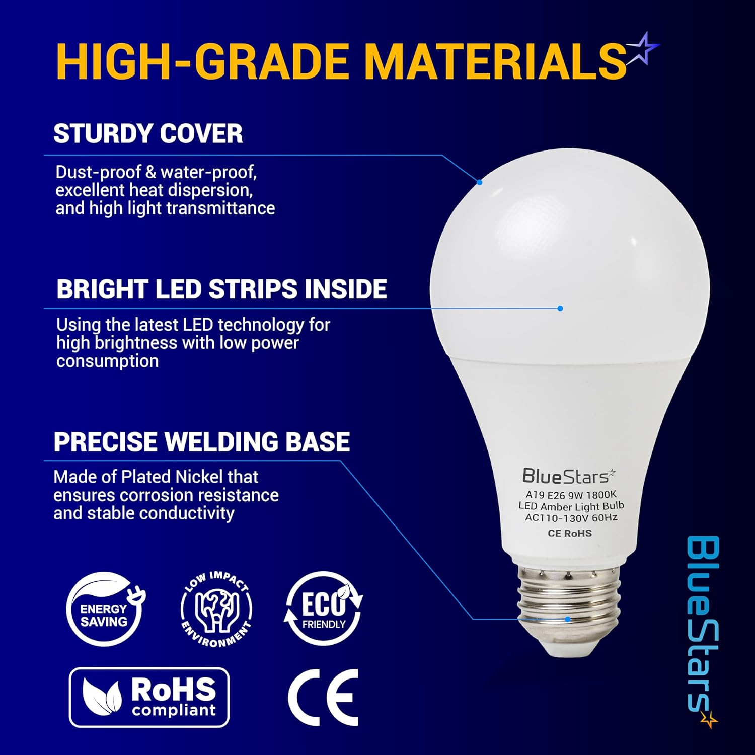 BlueStars Amber Sleep Light Bulbs Blue Light Blocking A19 9W (60 Watt Equivalent) 1800K Warm Lighting with E26 Base - Amber Soft Light Bulb for Restful Sleep Bedroom Kids Room Reading - 4 Packs