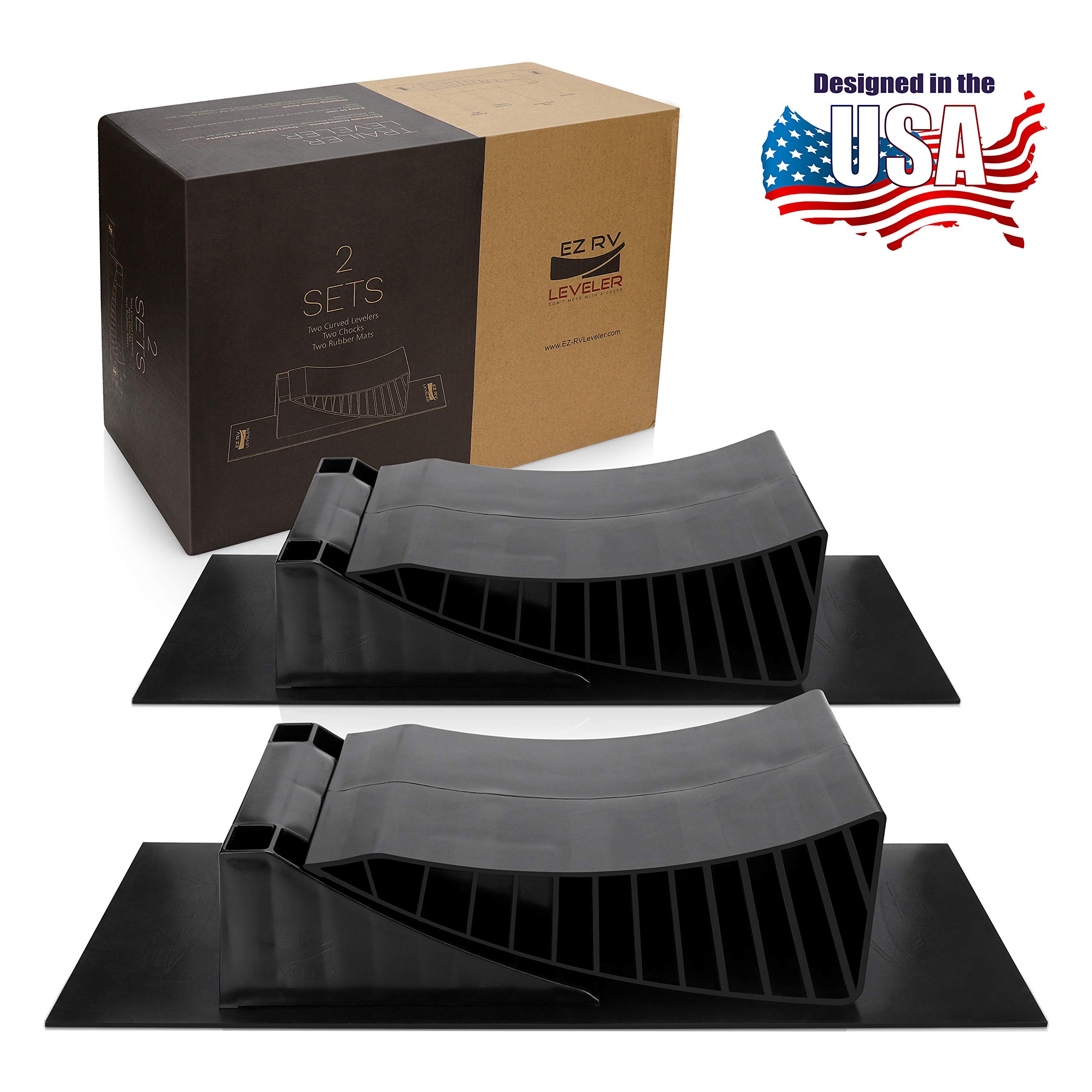 EZ RV Leveler - Curved Leveling Ramps with Chocks and Rubber Mats - Don't Mess with a Guess: Use an RV Leveling Kit That Makes Leveling Fast and Easy - 2 Pack for Tandem Axle Campers