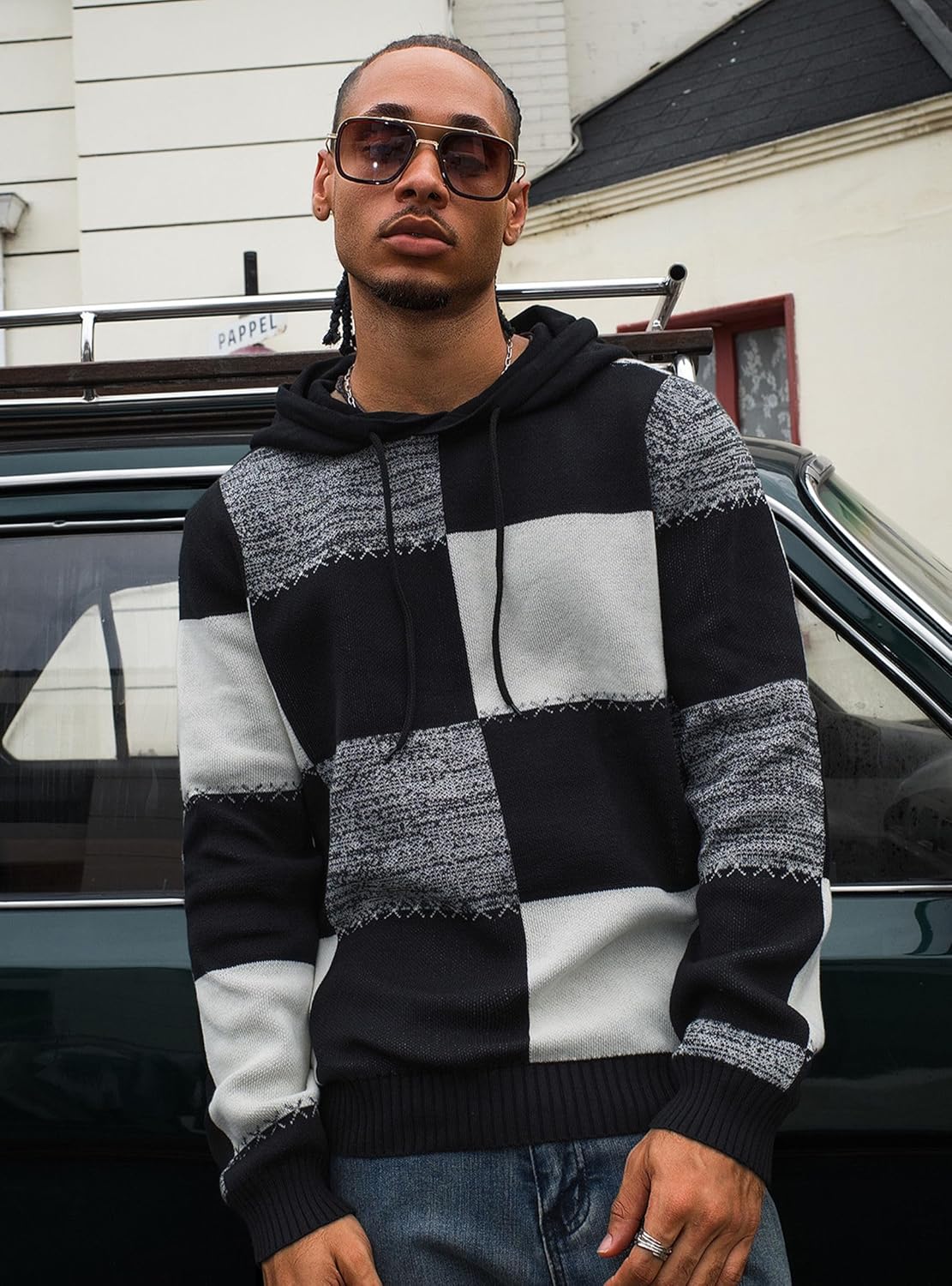 Men's Checkerboard Hooded Sweater Color-Block Hoodie Waffle-Knit Textured Pullover Casual Retro Streetwear - Image 3