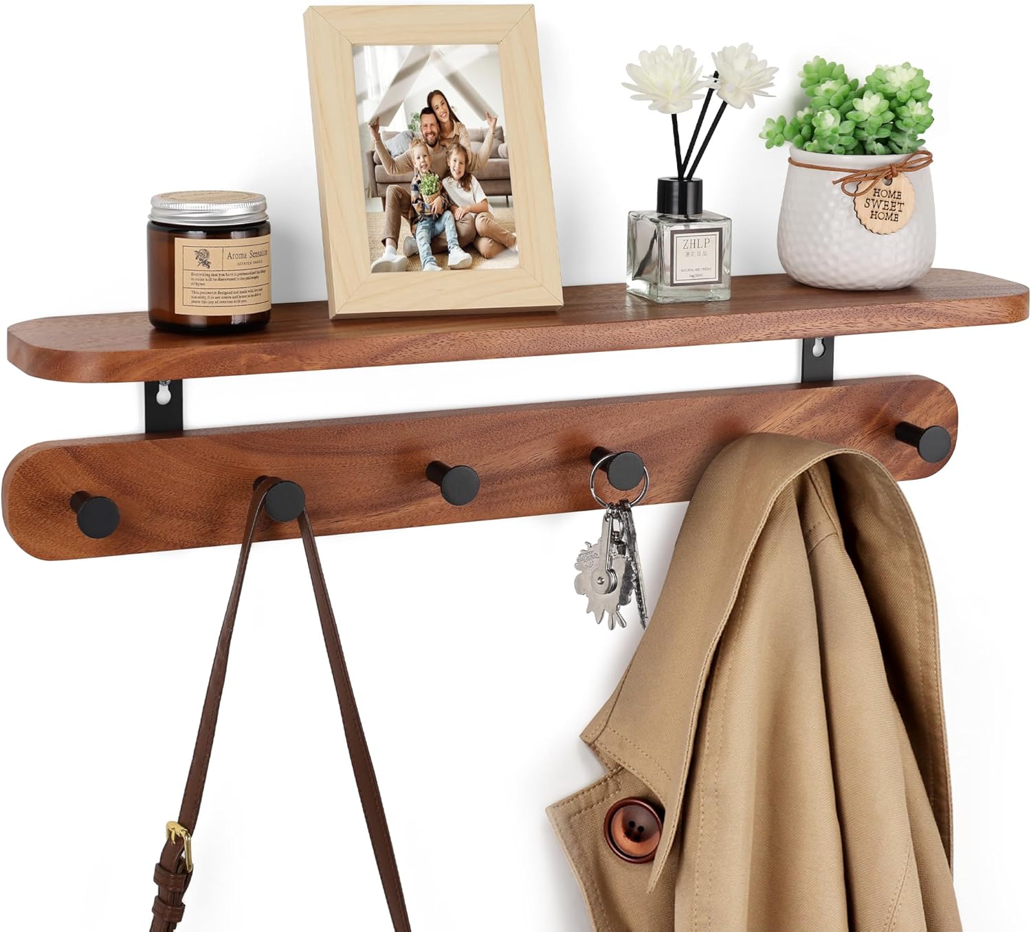 Coat Rack Wall Mount with Shelf, 22" Walnut Wood Wall Shelf with Hooks, Entryway Floating Coat Rack with 6 Metal Hangers for Coats, Backpacks, Living Room, Bedroom, Bathroom (Brown-22'' L)
